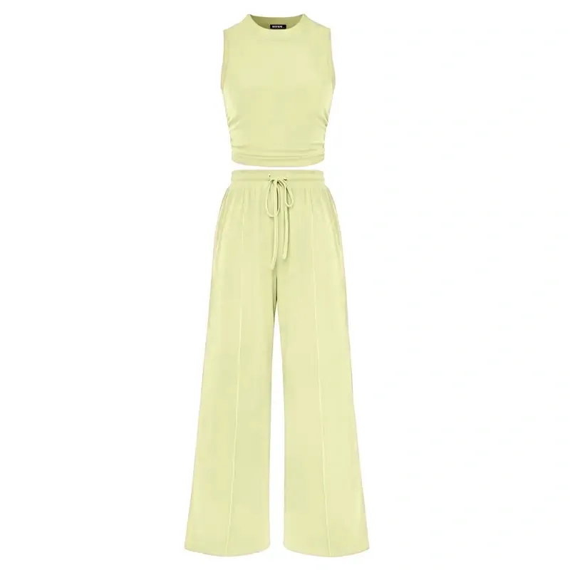 🔥Women's 2-Piece Outfits - Ribbed Knit Crew Neck Sleeveless Cropped Top & Wide Leg Pants Lounge Set