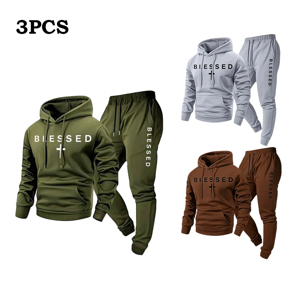 Blessed Cross Letter Print Hoodie & Drawstring Sweatpants Set