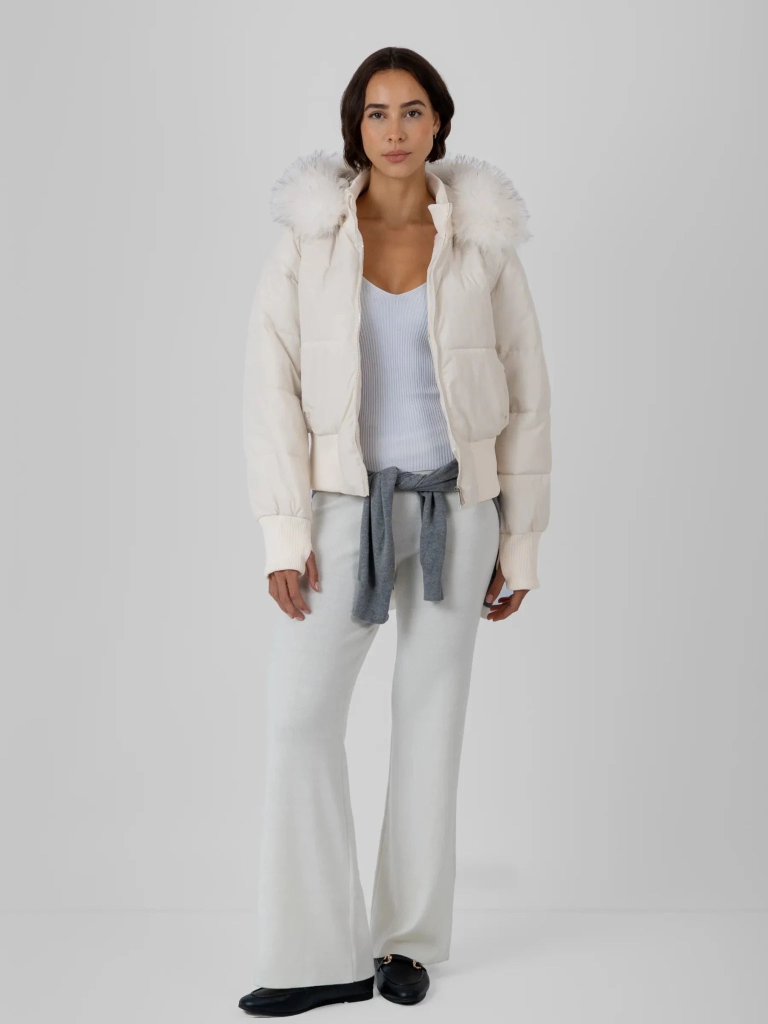Faux Fur Lined Puffer Bomber With Detachable Hood Trim