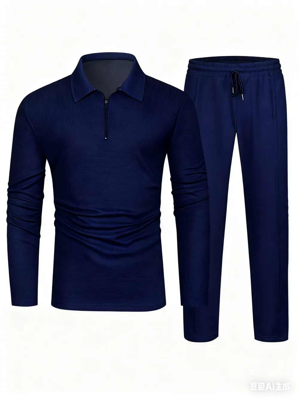 Men's Solid Textured Long Sleeve Polo Shirt & Drawstring Waist Pants Set