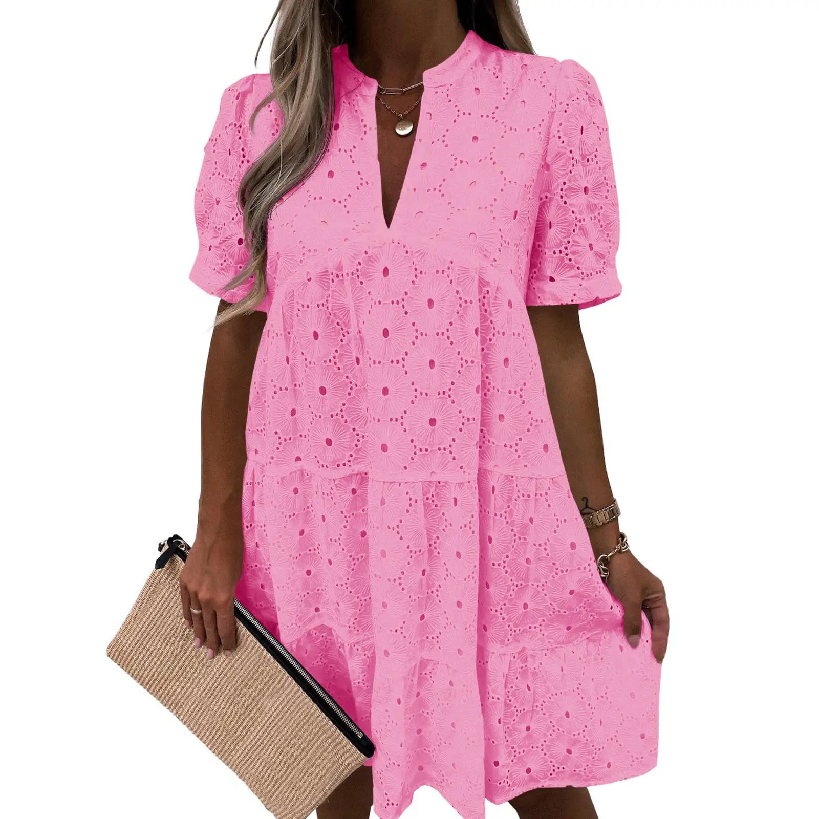 Women’s Summer Lace Dresses Eyelet Casual Flowy Babydoll Swing Short Sleeve V Neck Tunic Dress