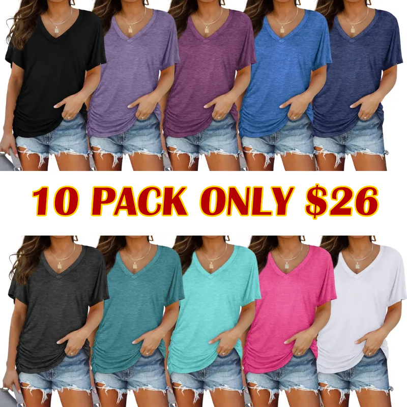 Womens Short Sleeve V Neck Dolman Tops with Side Shirring