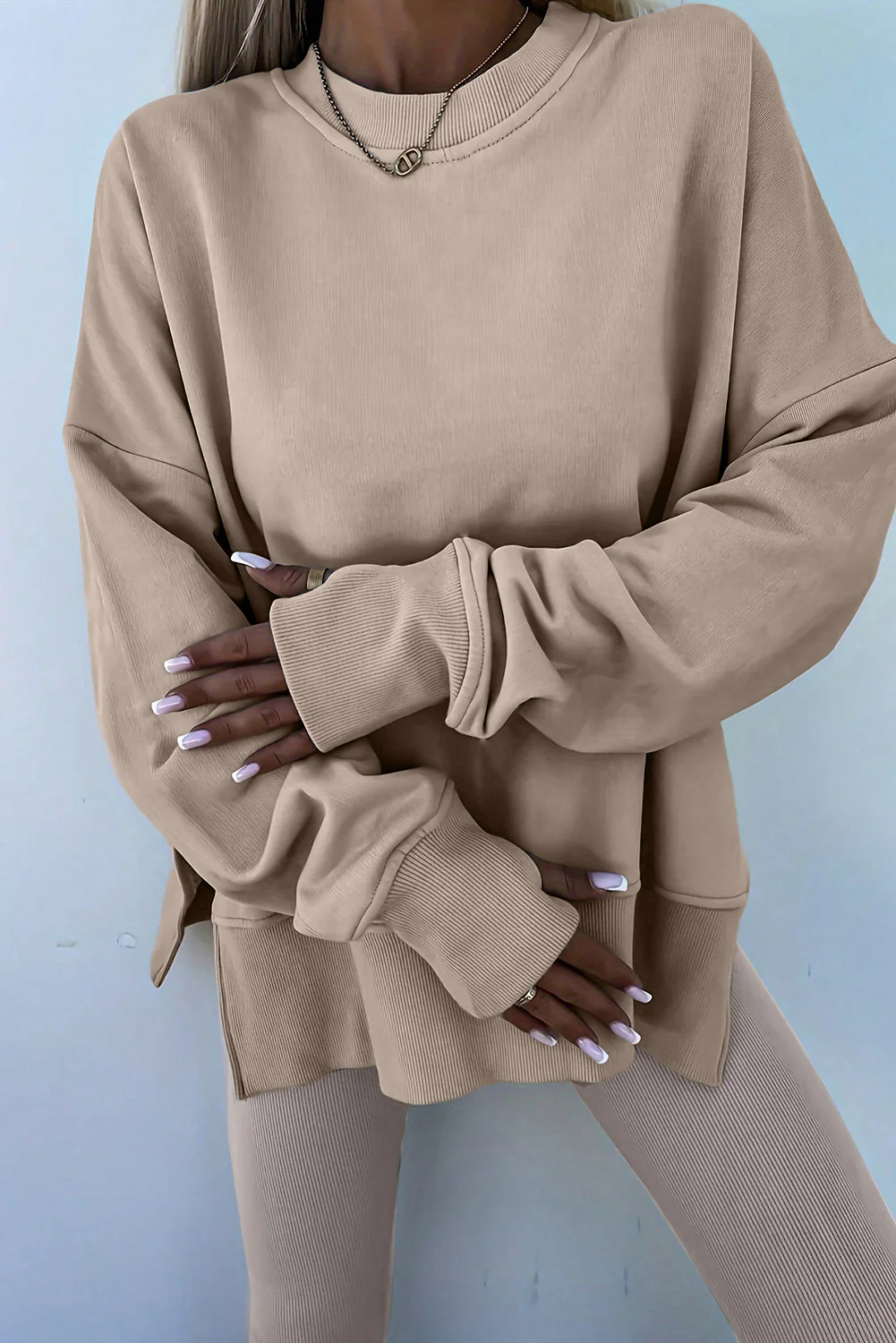 🔥Women's Solid Drop Shoulder Split Hem Sweatshirt & Pants Two-piece Set