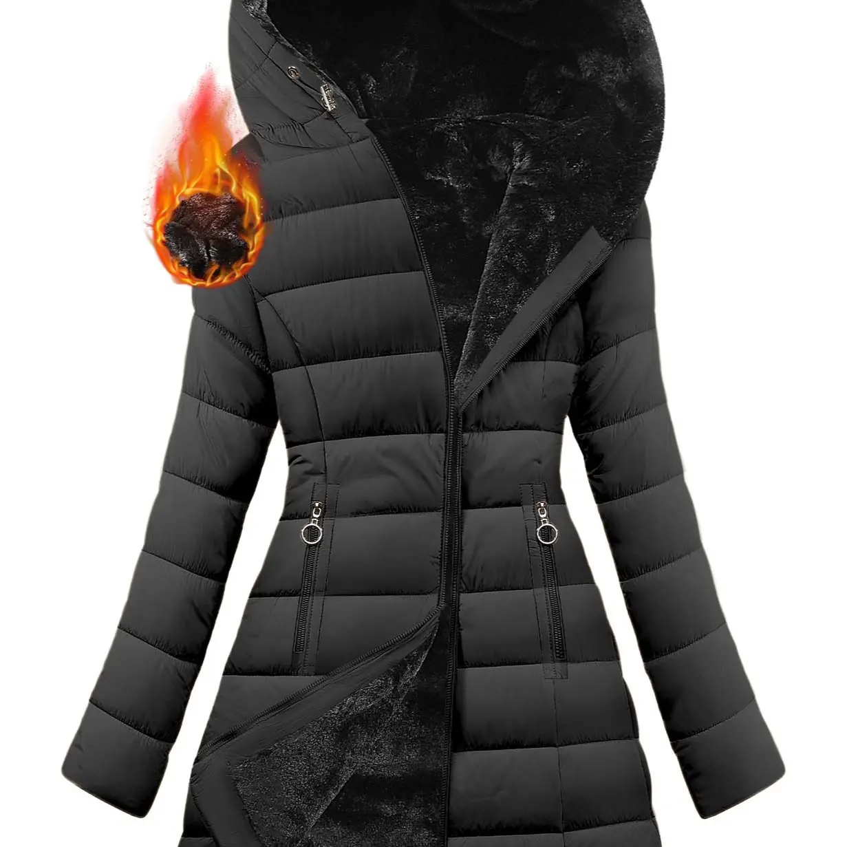 Dark Grey Women's Hooded Fleece-Lined Puffer Coat – Windproof Water-Resistant Winter Jacket