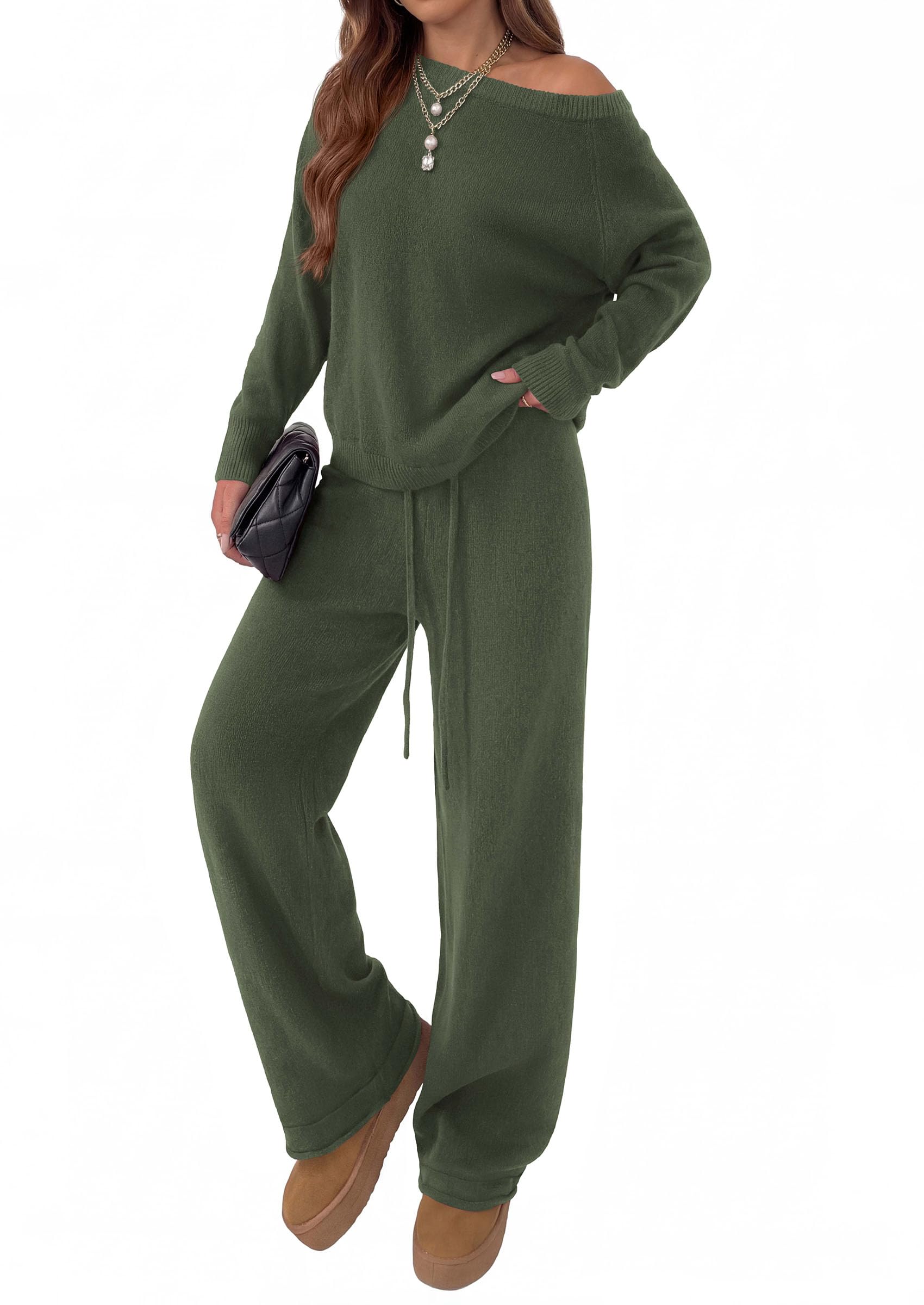 Lounge Sets Womens Sweaters Two Piece Outfits (Army Green,M)