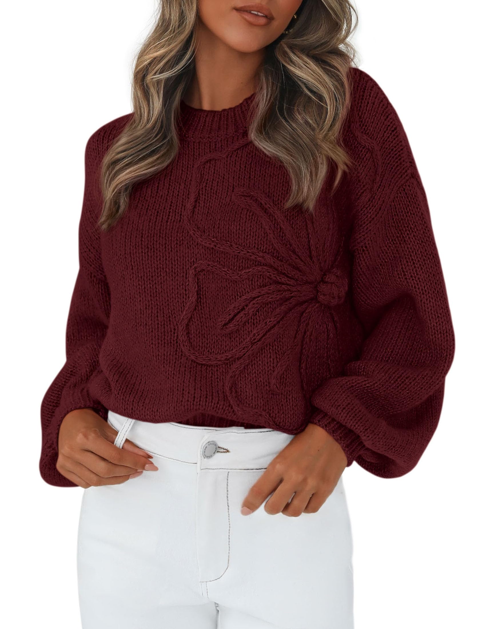 Women's Oversized 3D Floral Knit Sweater,Dark Brown,S
