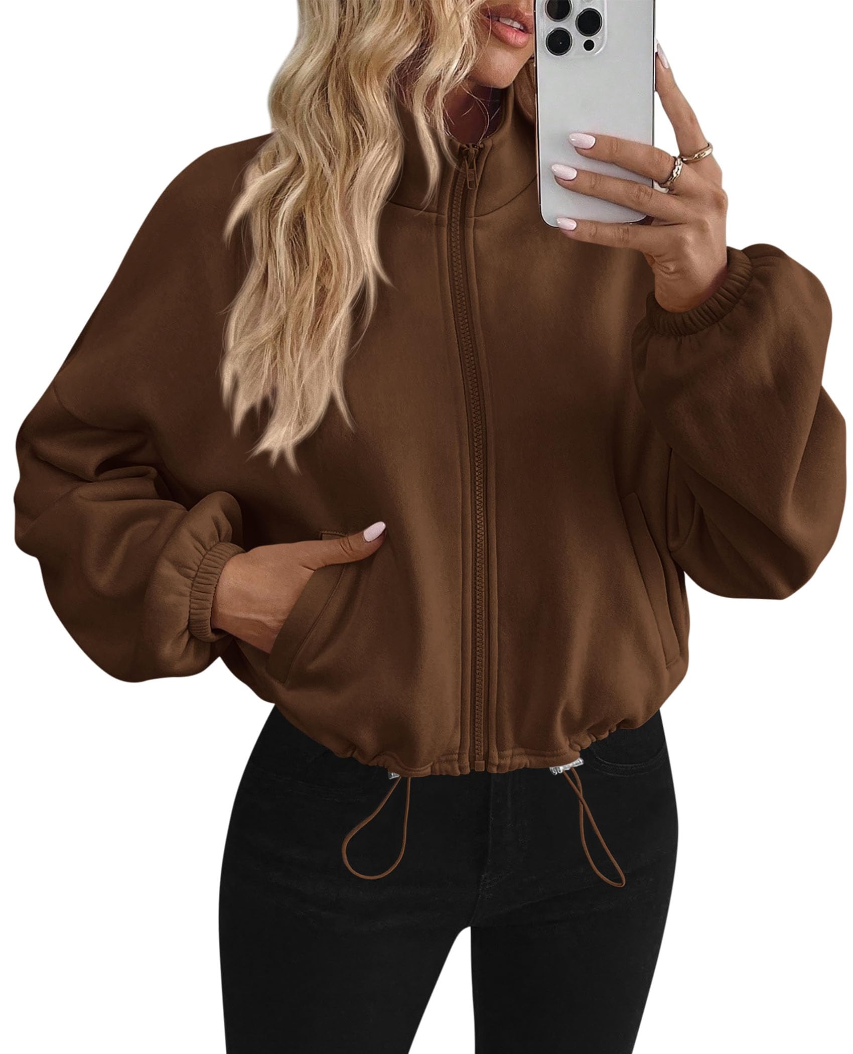 Women's Cropped Jacket Zip Up Fleece Sweatshirt Fall Outfits