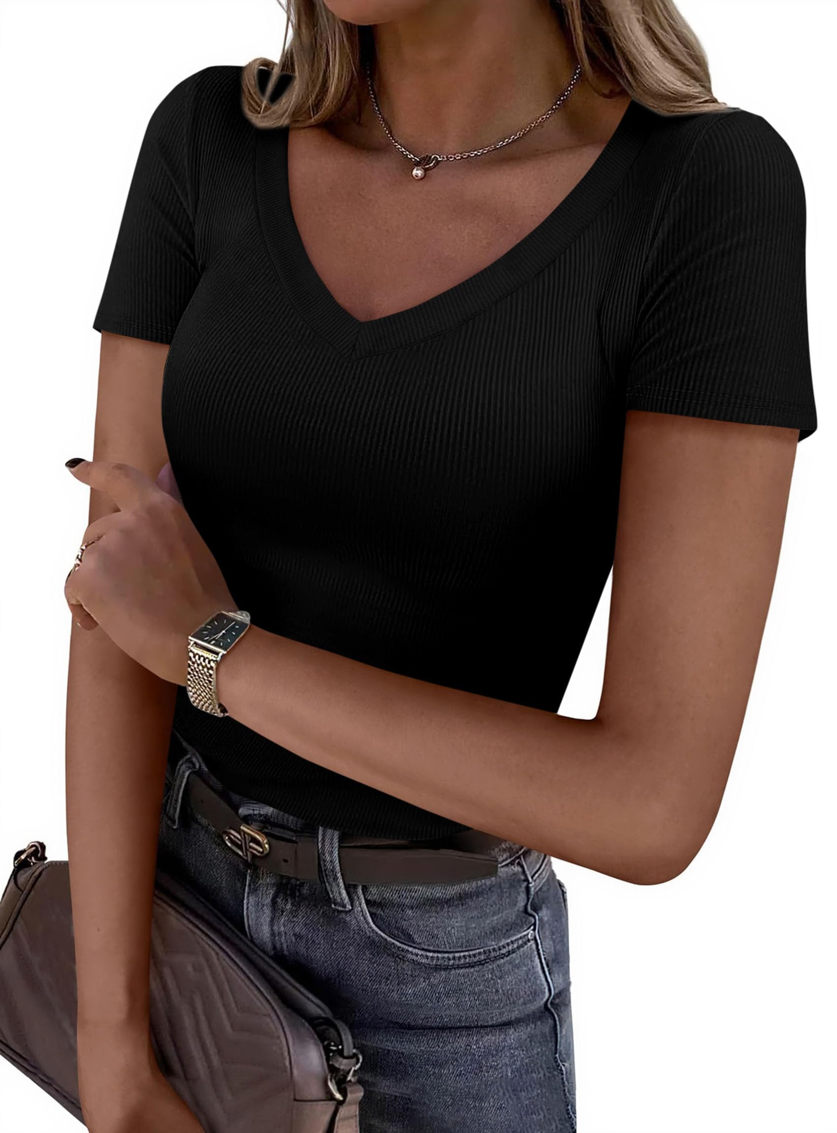 Women's Summer Trendy Tops V Neck T Shirts (Black,XS)