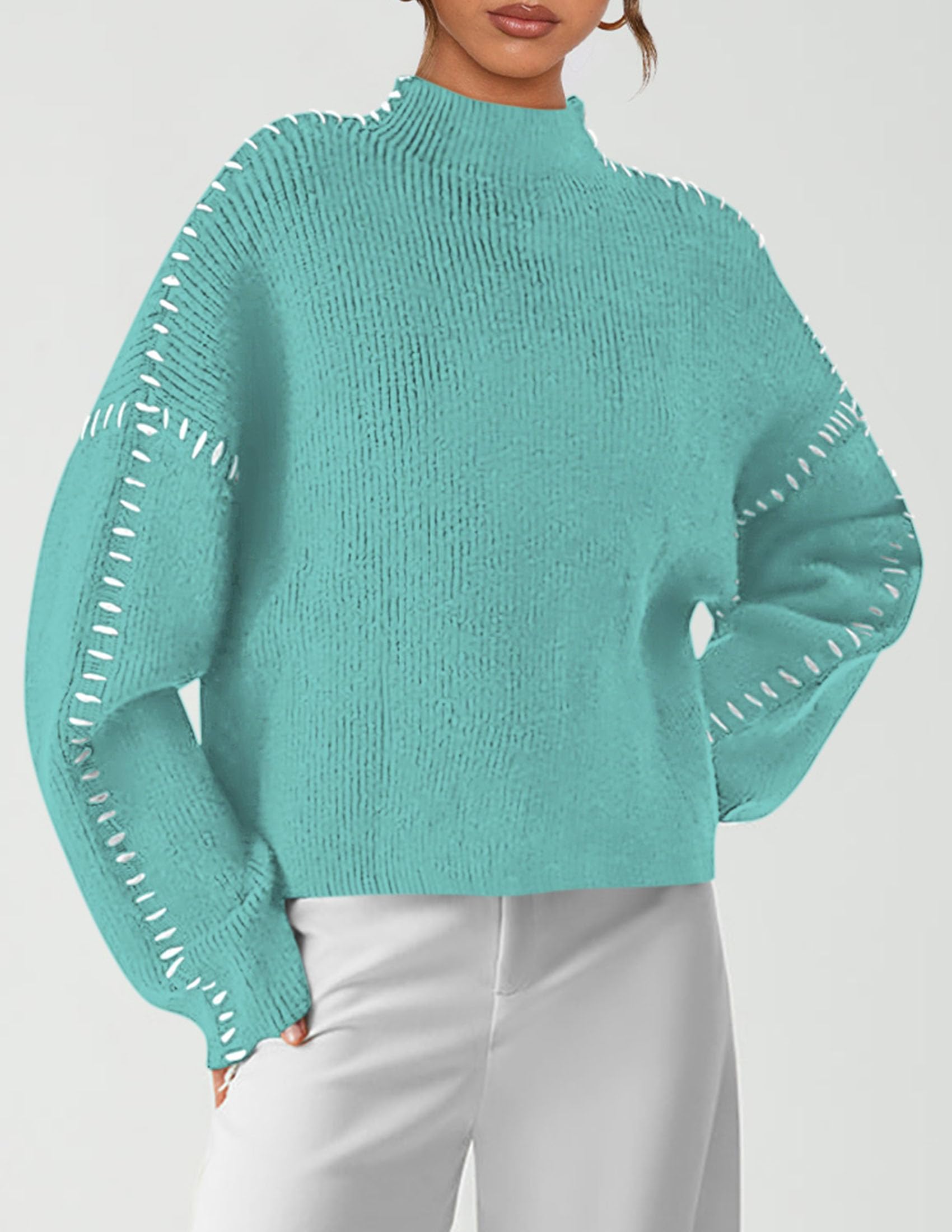 Womens Chunky Knit Oversized Pullover Sweaters,Aqua Blue,S