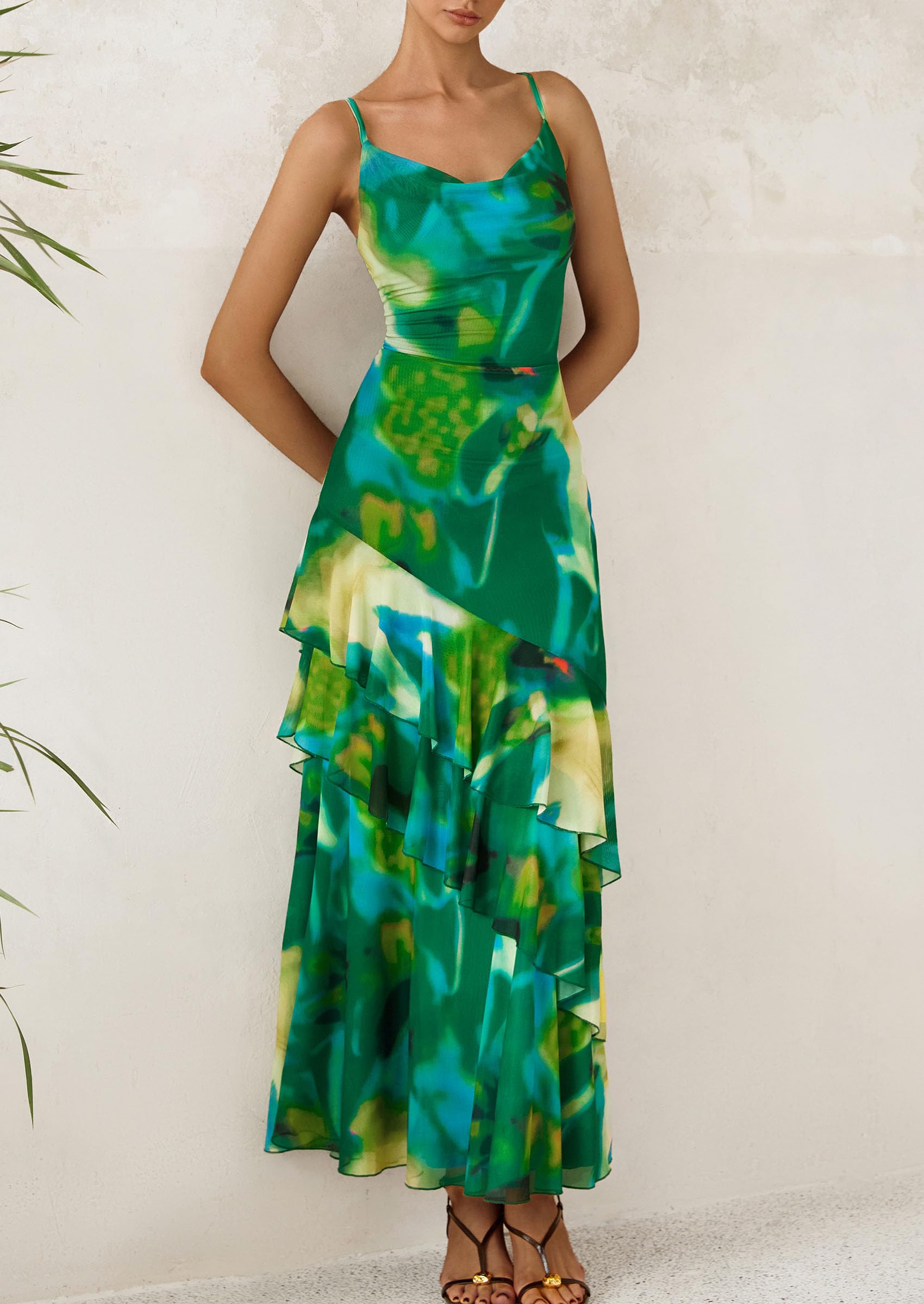 Women's Boho Floral Tiered Maxi Dress, Print Green,XS