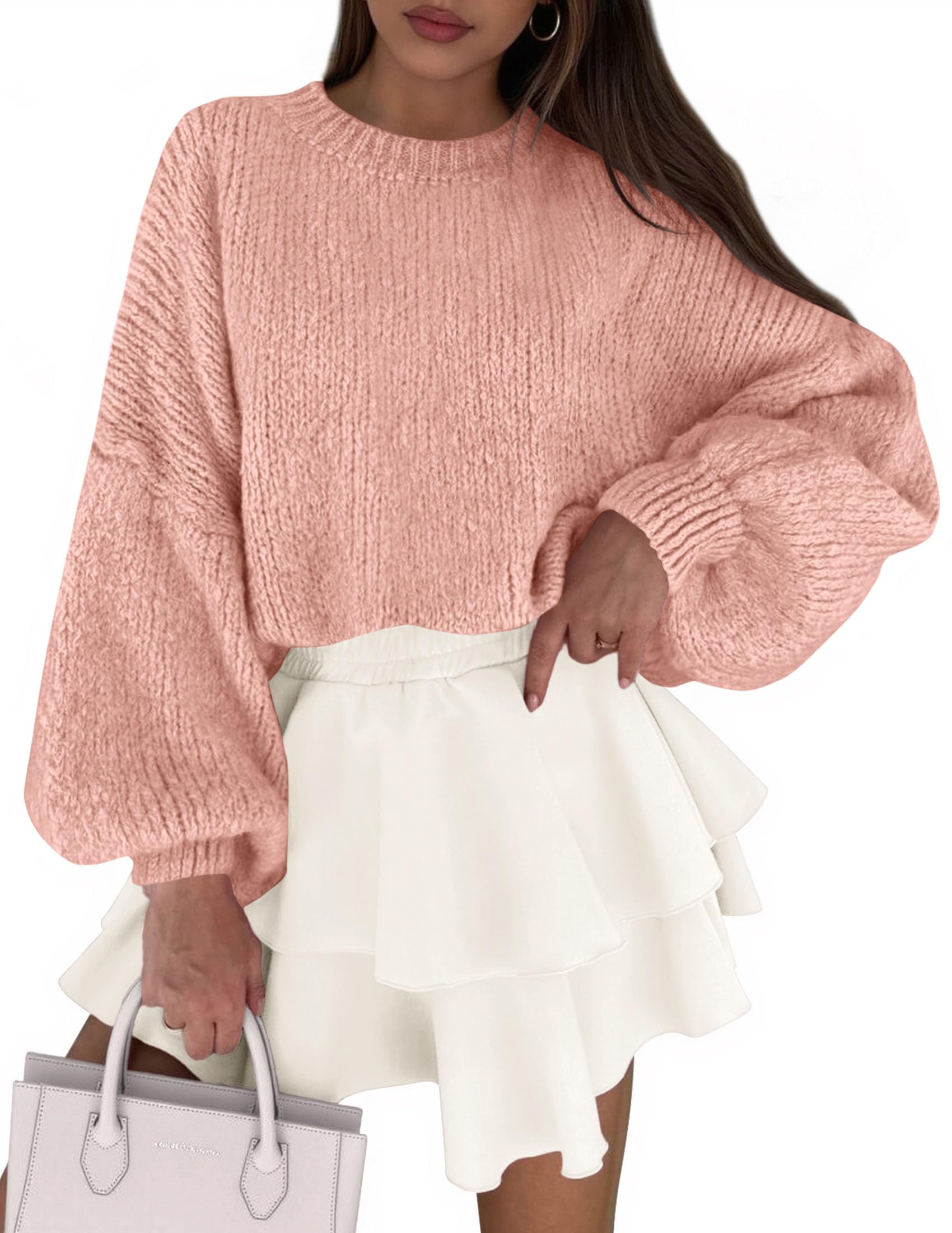 Women's Chunky Knit Oversized Pullover Sweaters,Light Pink,S