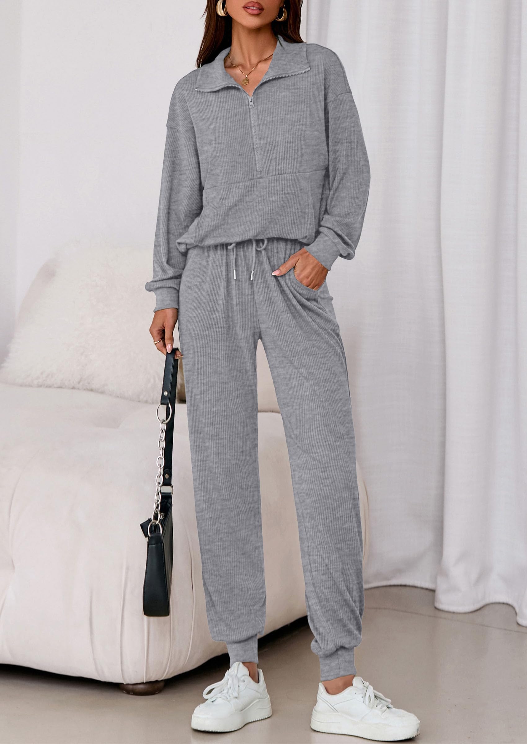 Airport Travel Outfit Women Ribbed Knit Matching Lounge Sets