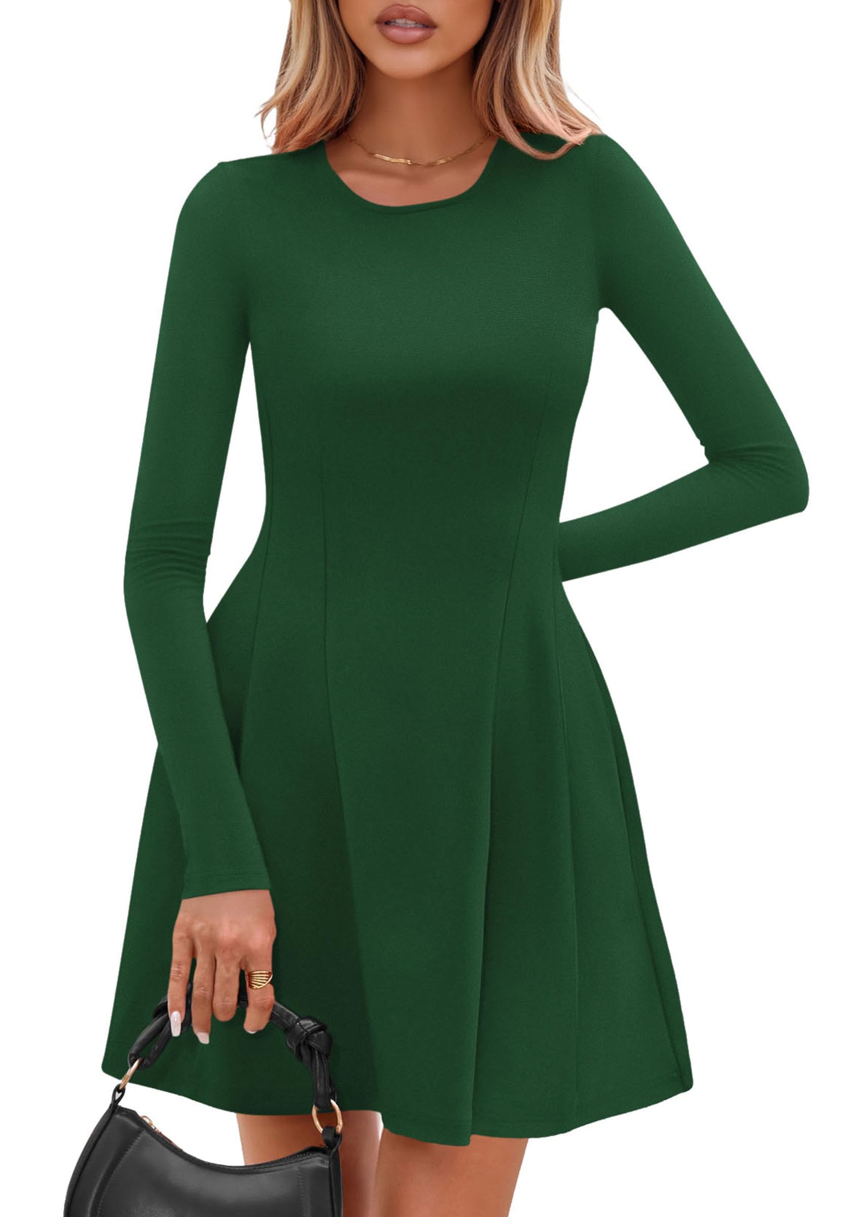 Womens Long Sleeve Pleated Mini Dress,Green,XS