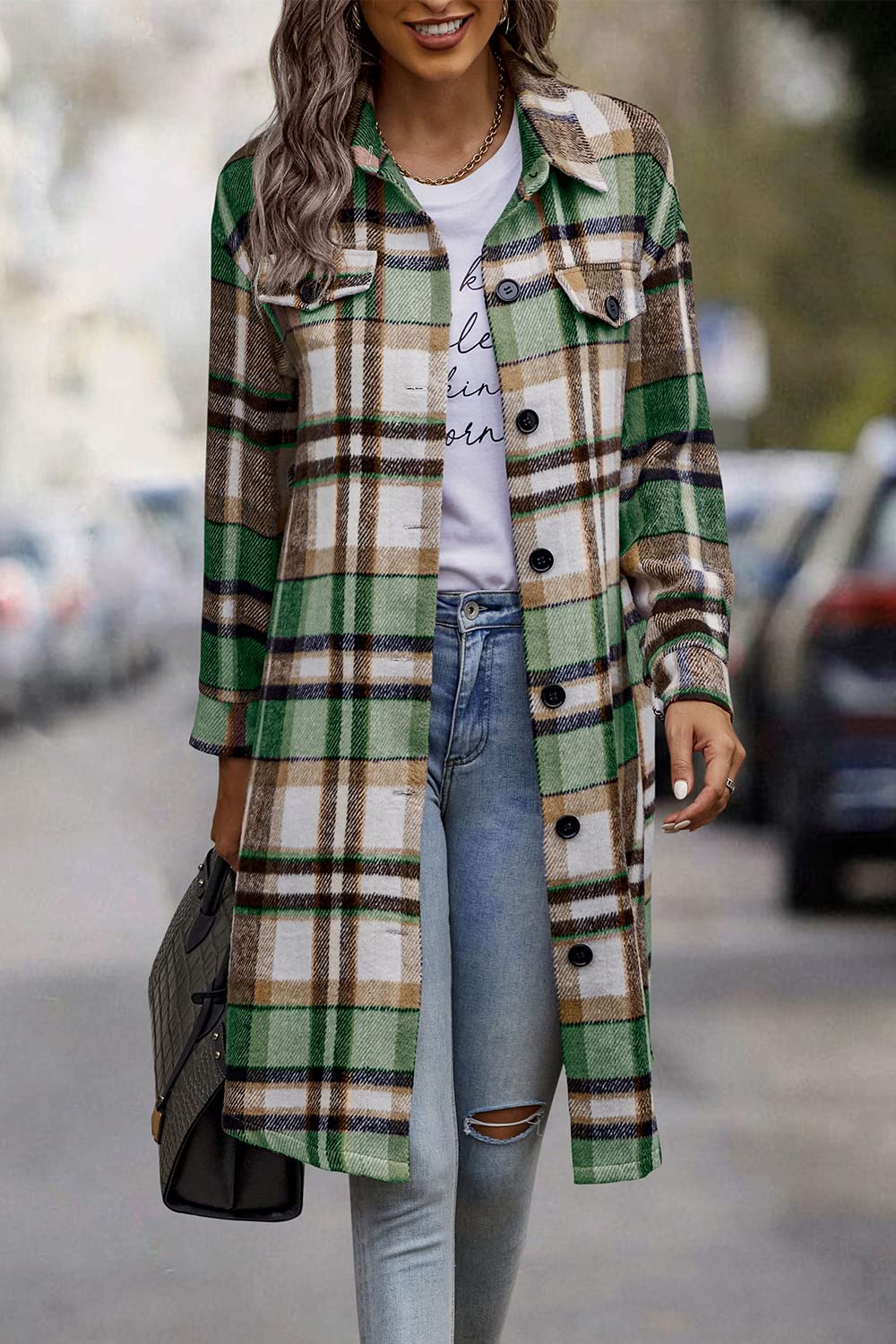 Womens Plaid Shacket Jacket Flannel Shirts,Green,L