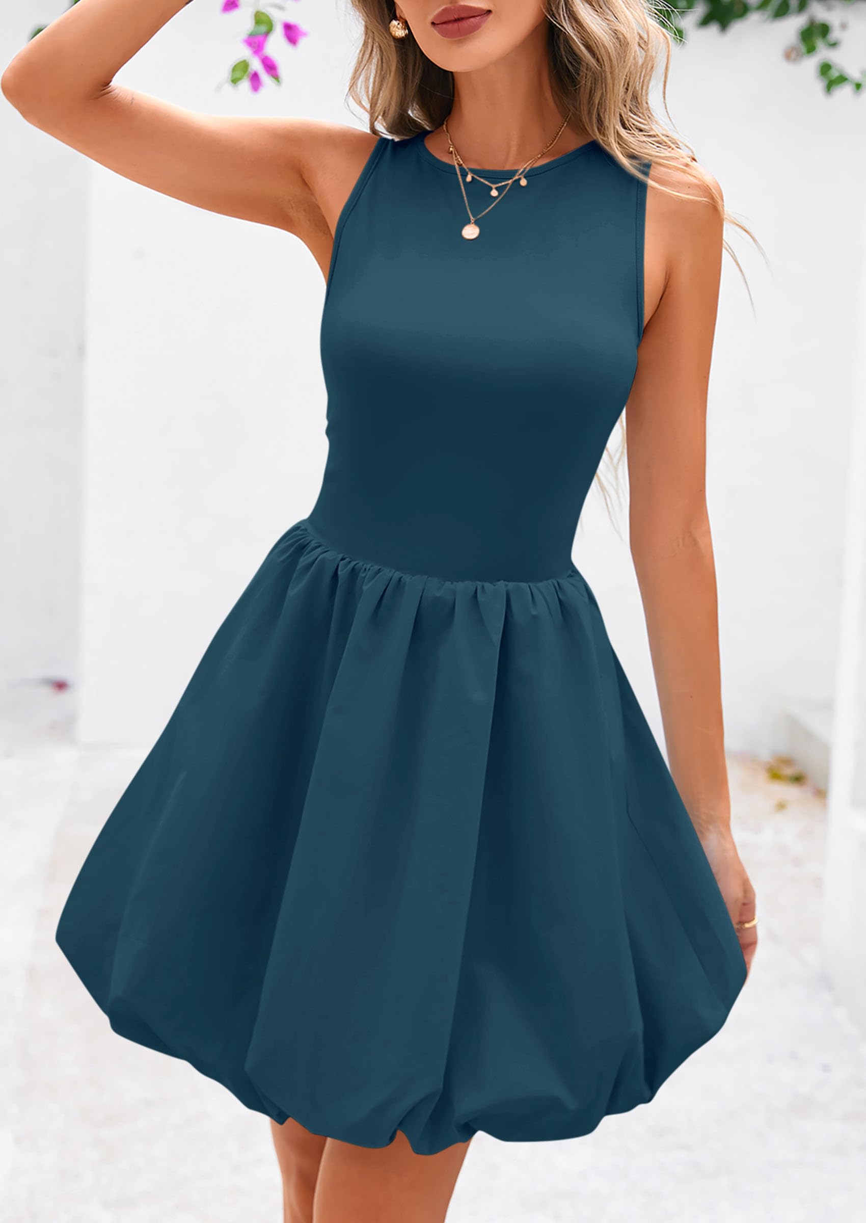 Womens Summer Bubble Sleeveless Mini Dress,Peacock Blue,S