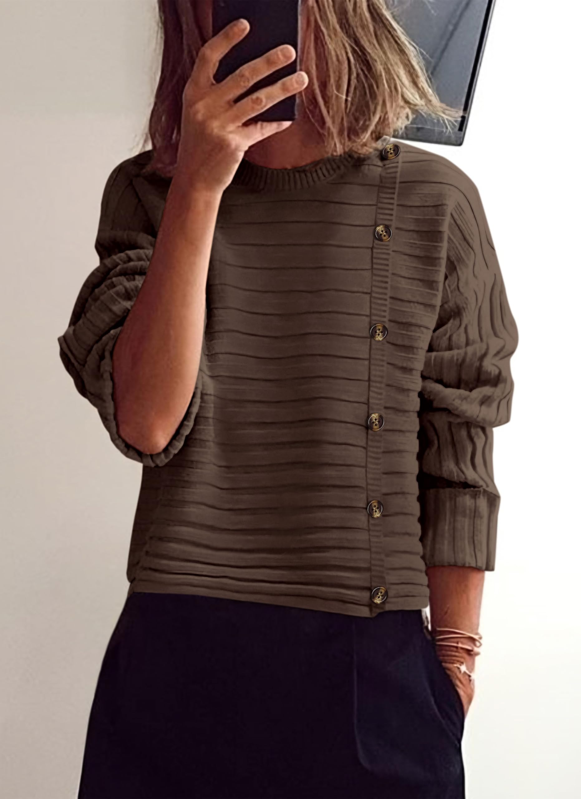 Womens Asymmetric Button Long Sleeve Sweater,Coffee,S
