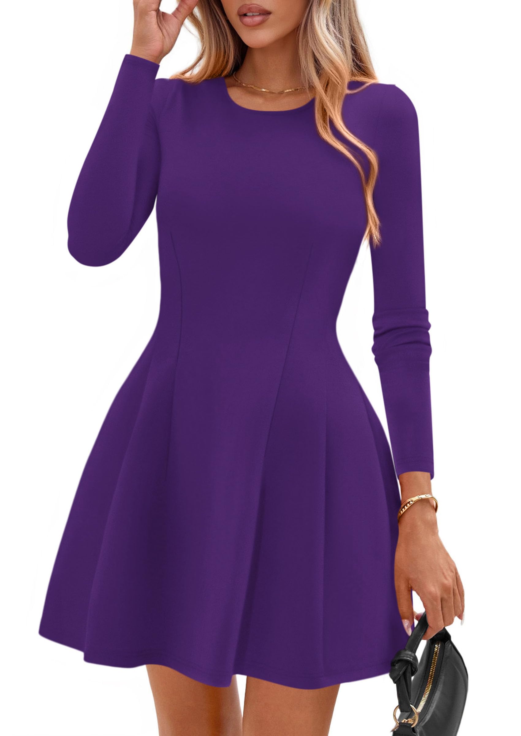 Womens Long Sleeve Pleated Mini Dress,Purple,XS