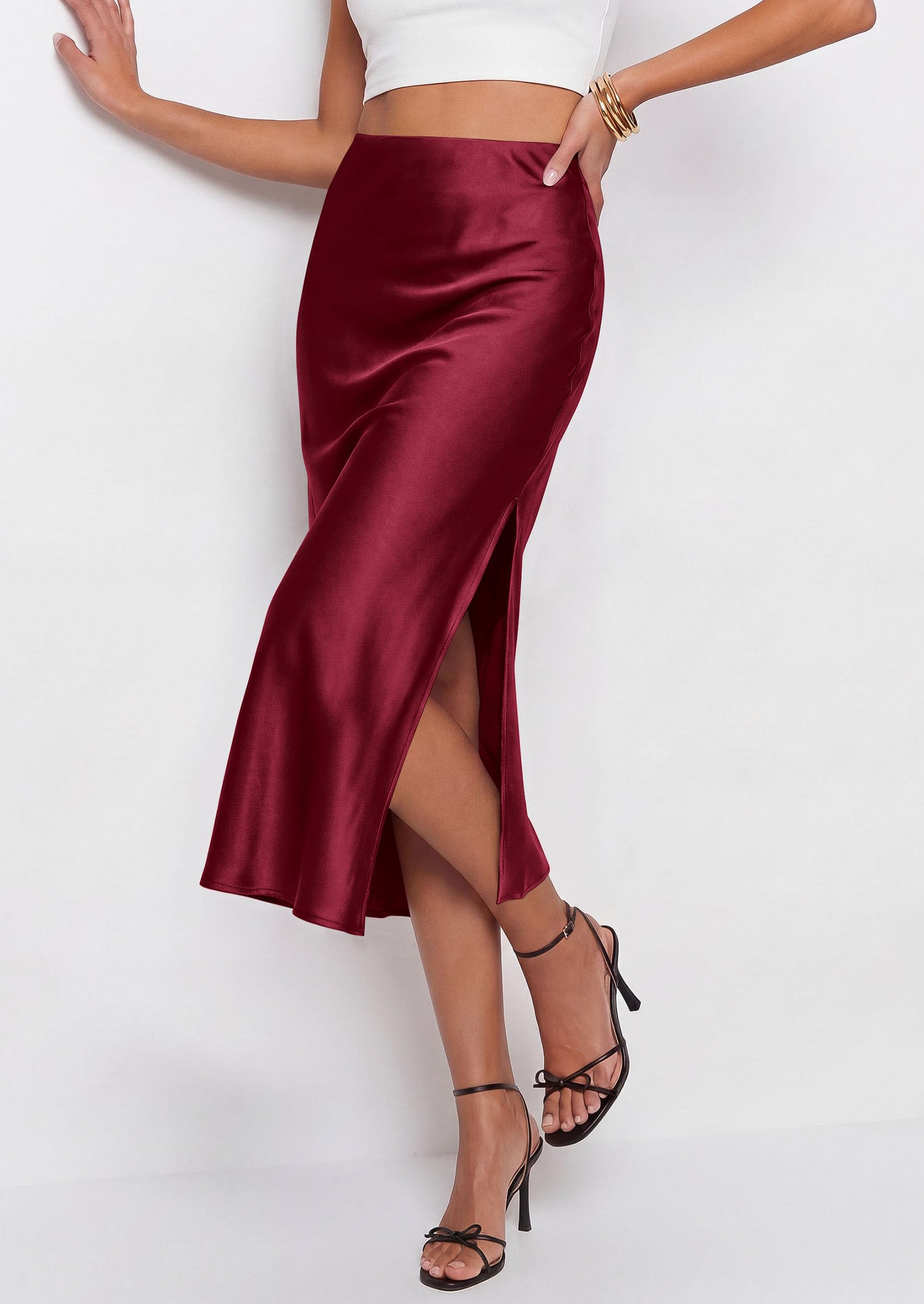 Womens Satin Skirt Silk Slip Midi Work Skirts, Burgundy, S