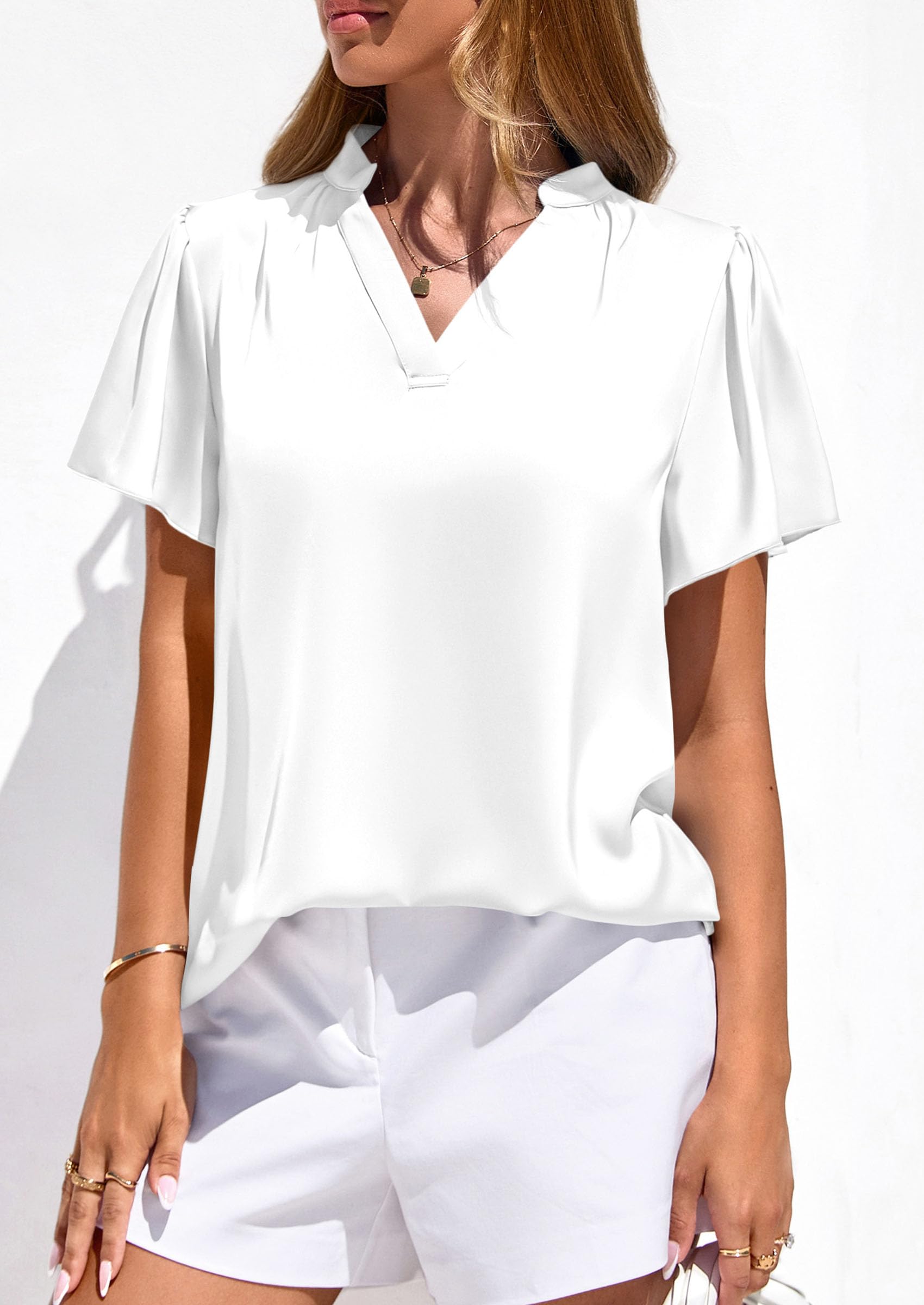 Women's Summer Satin Dressy Casual Blouses (White,S)