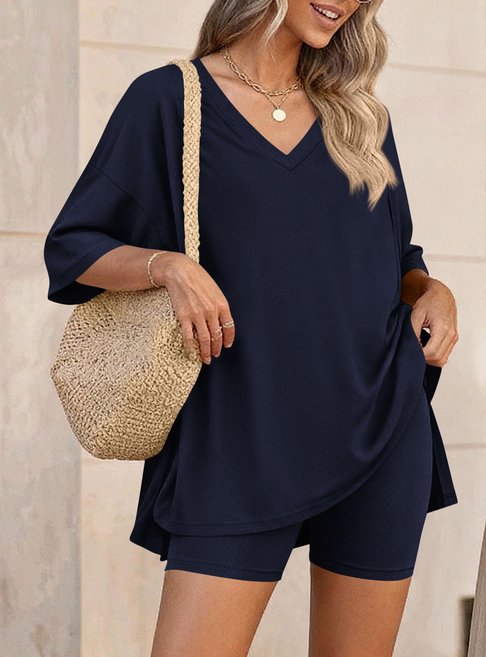 Womens 2 Piece Outfit Lounge Short Sets,Navy,S