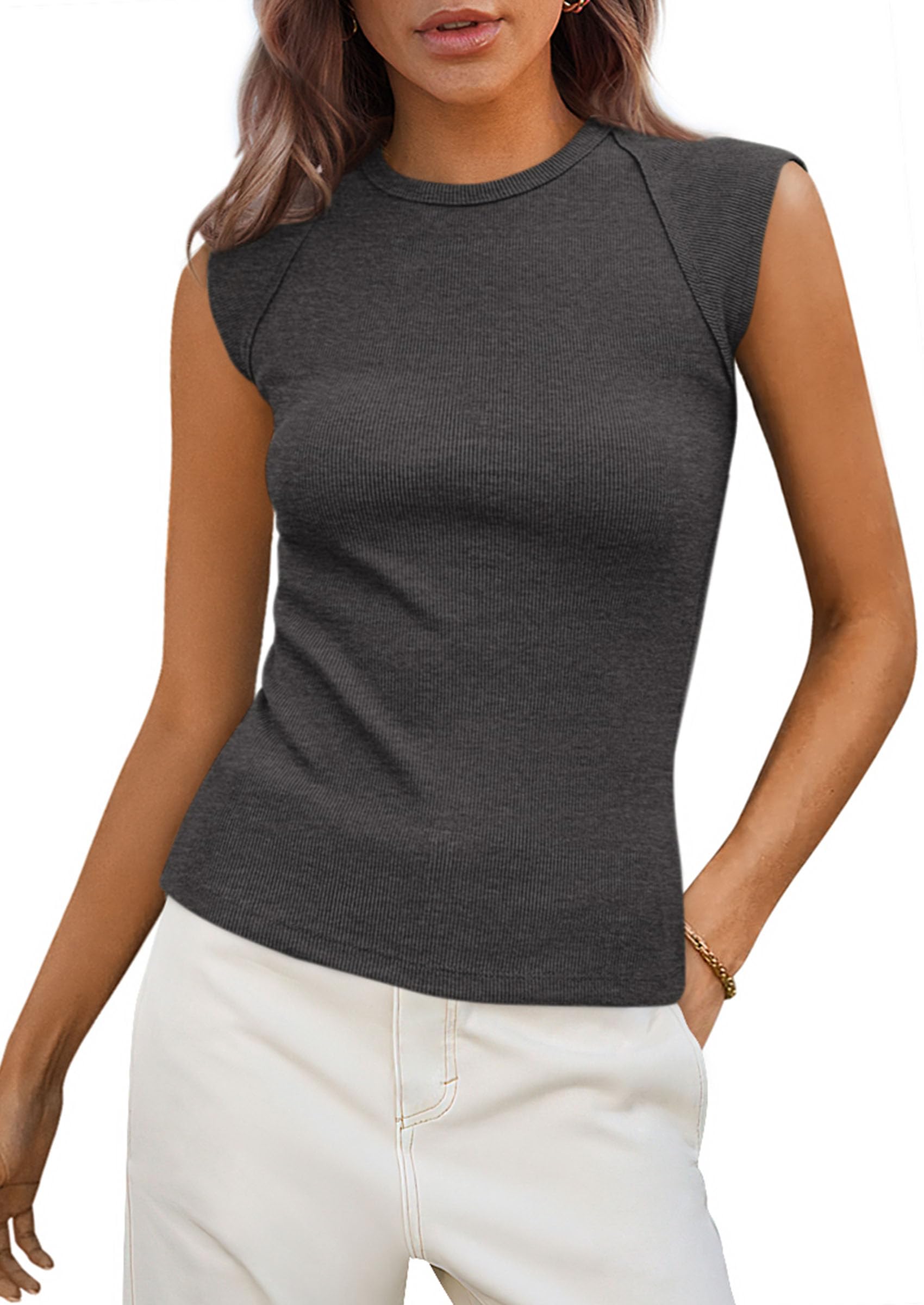 Women's Cap Sleeve Ribbed Tank Tops Summer, Dark Grey,S