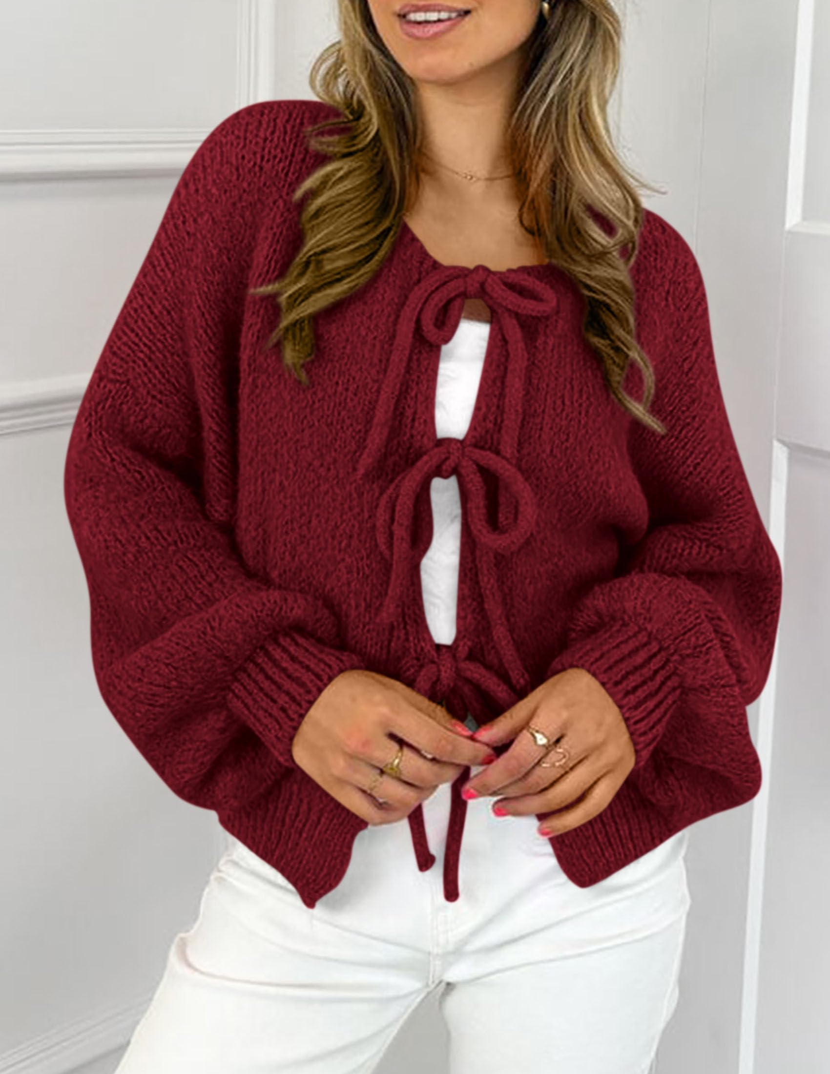 Women's Tie Front Bow Cardigan Sweaters(Wine Red,Small)