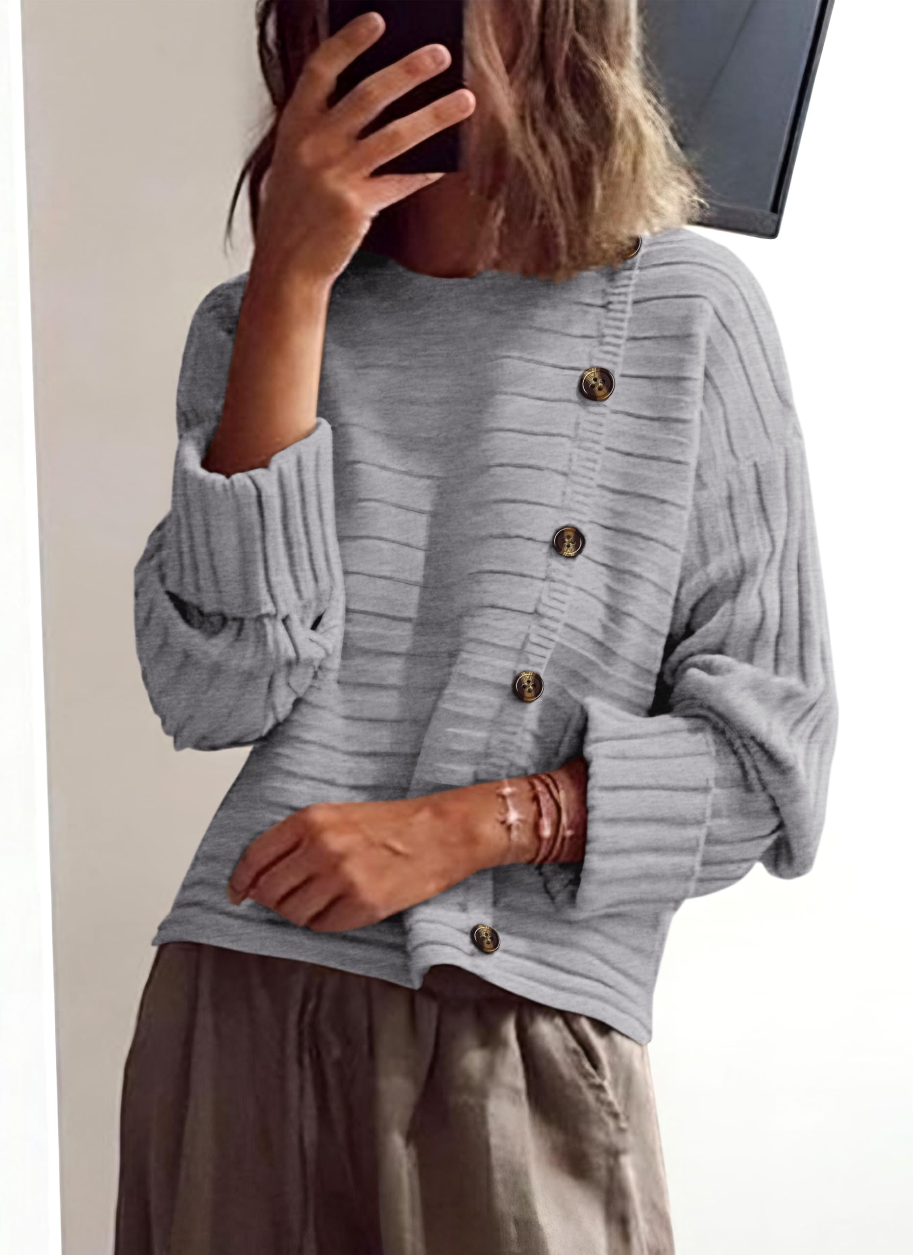 Womens Asymmetric Button Long Sleeve Sweater,Light Grey,S