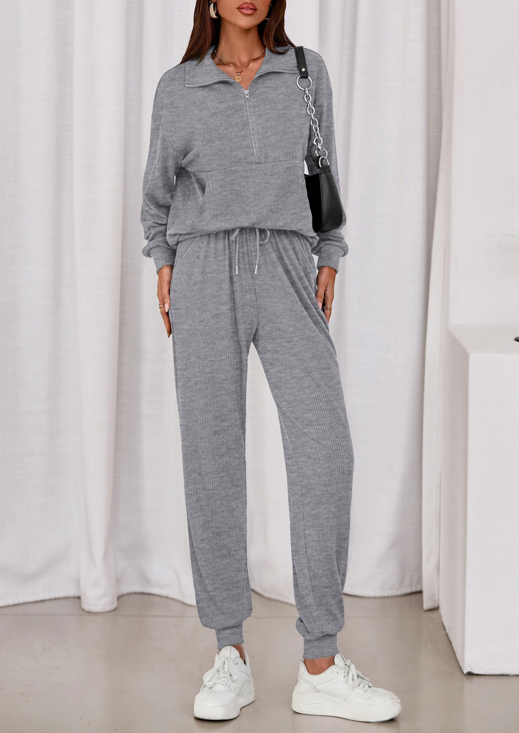 Airport Travel Outfit Women Ribbed Knit Matching Lounge Sets