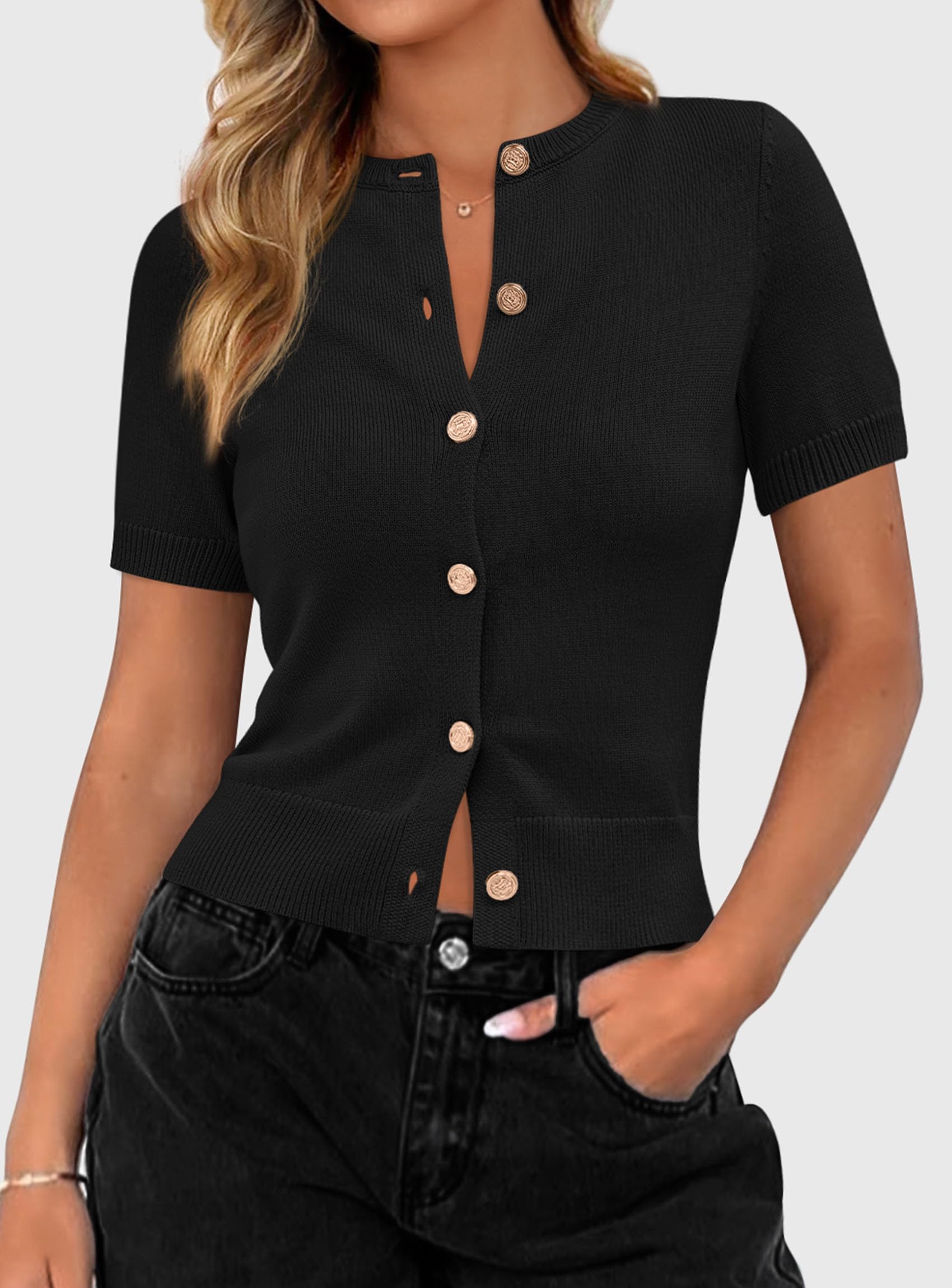 Womens Summer Cardigan Short Sleeve Sweater,Black,S