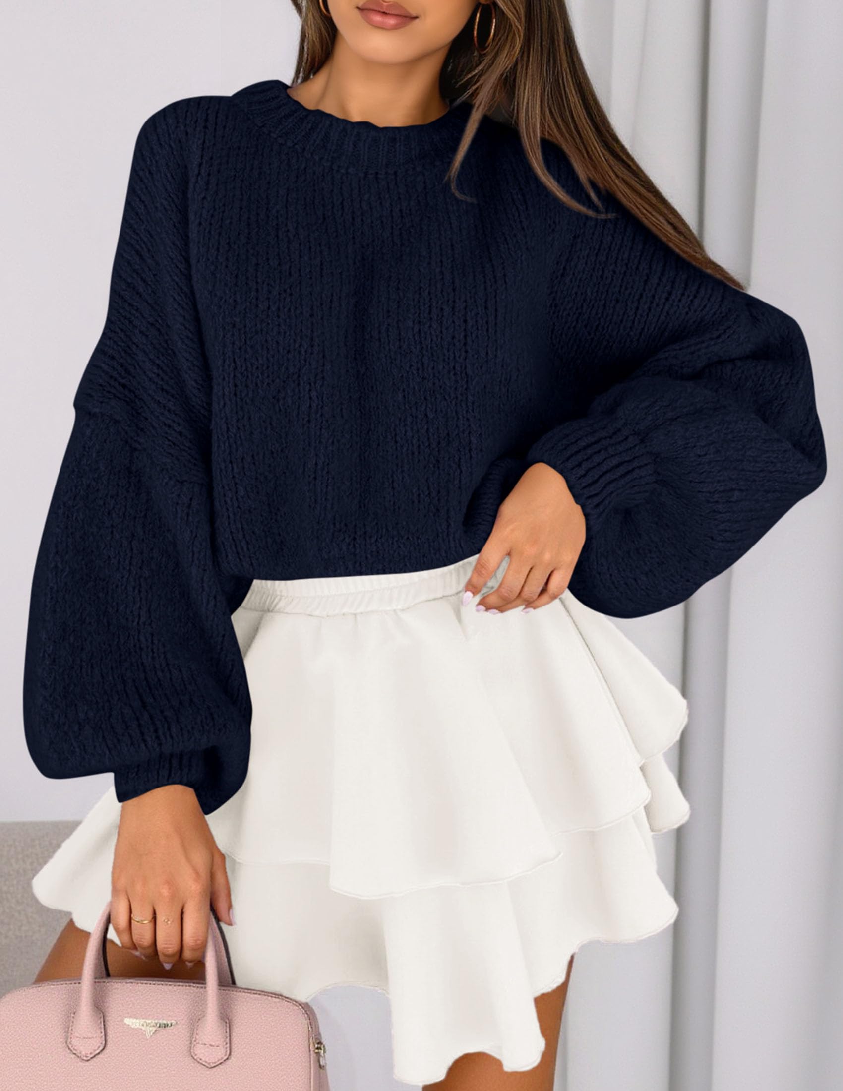 Women's Chunky Knit Oversized Pullover Sweaters,Navy Blue,S