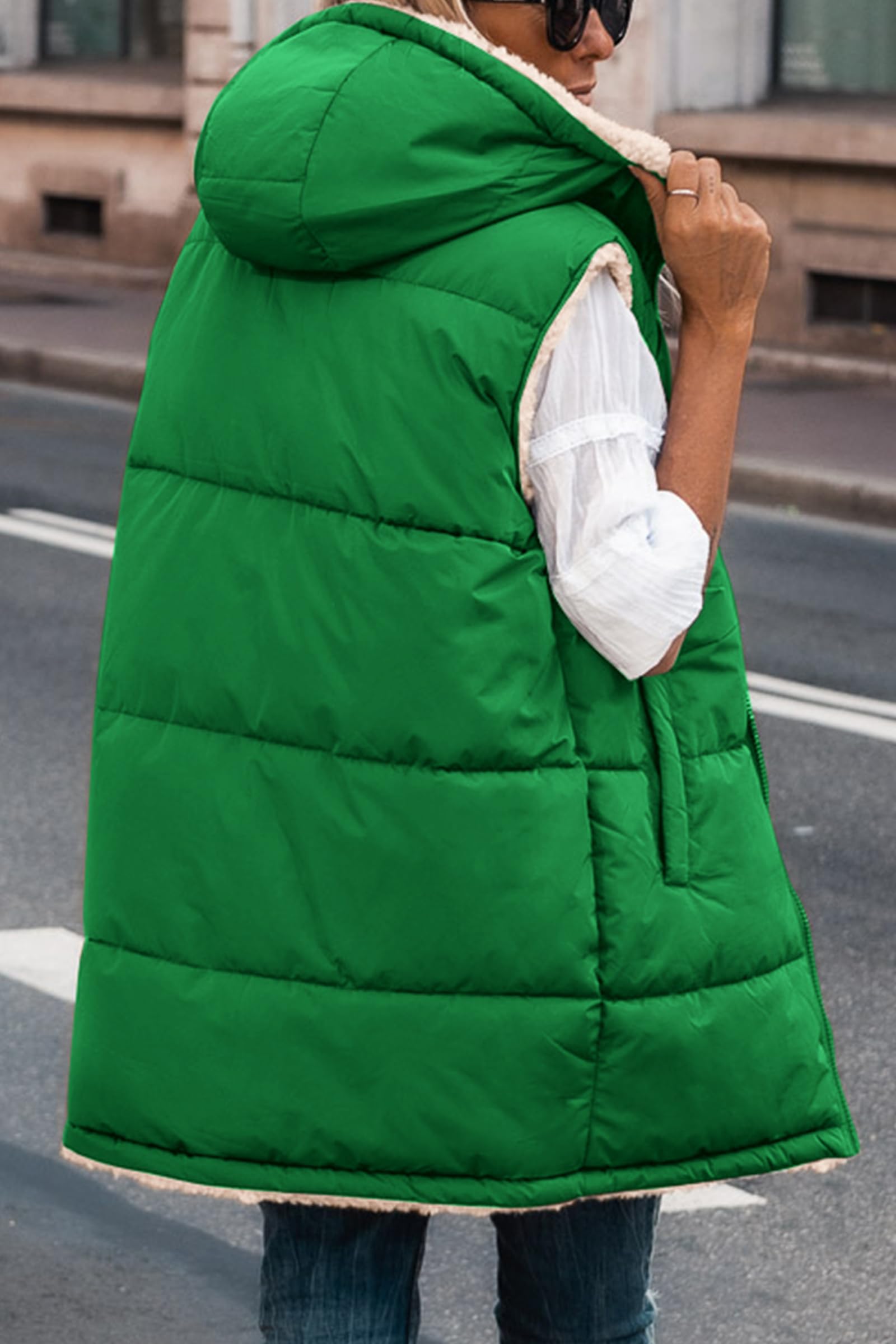 Women's Winter Reversible Fleece Long Vests(Green,S)