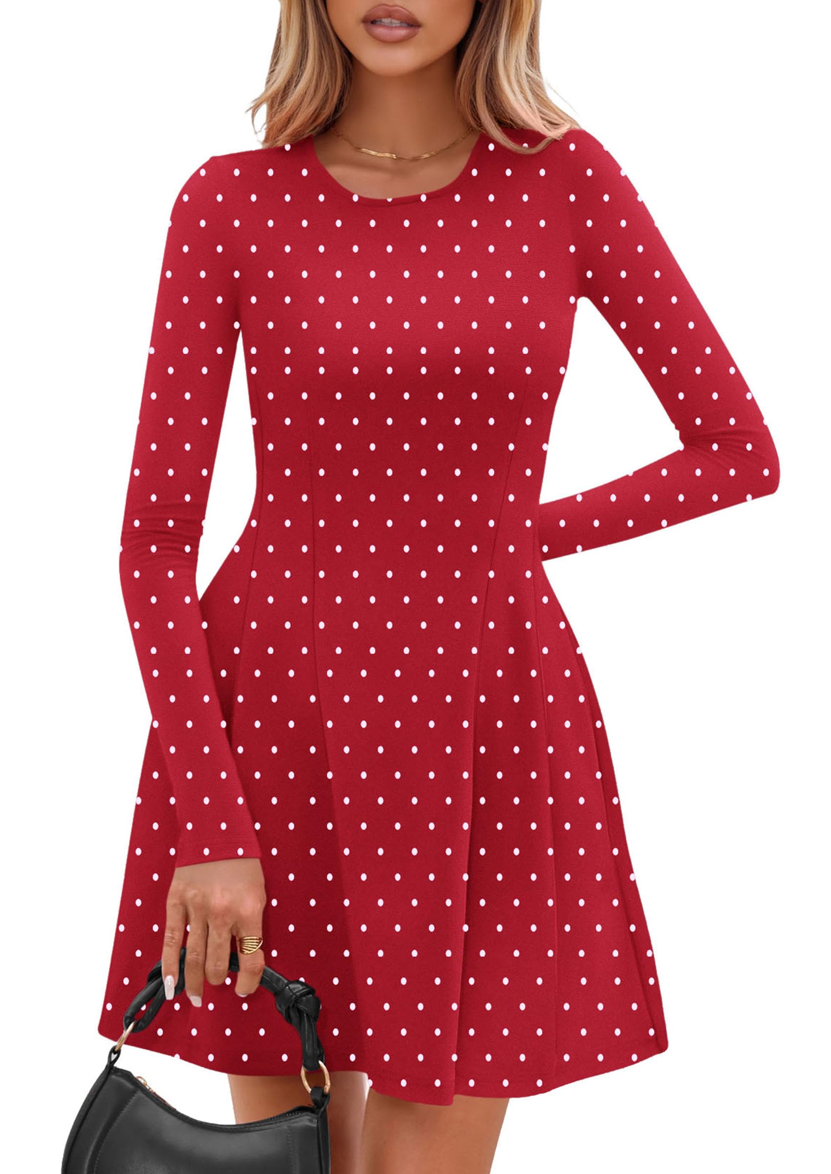 Womens Long Sleeve Pleated Mini Dress,Dot Red White,XS