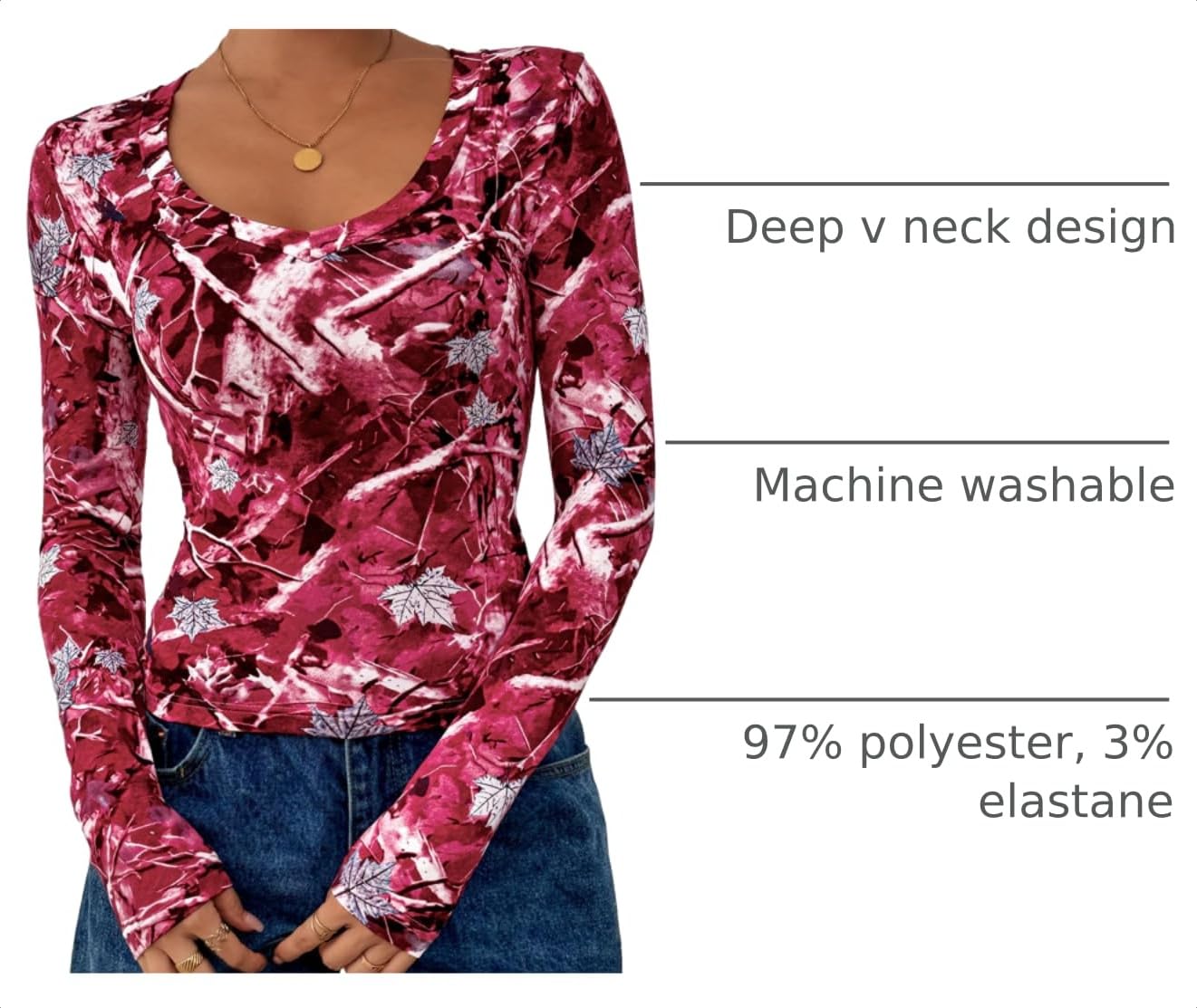 Womens Long Sleeve Slim Fit Crop Tops,Red Floral,XS