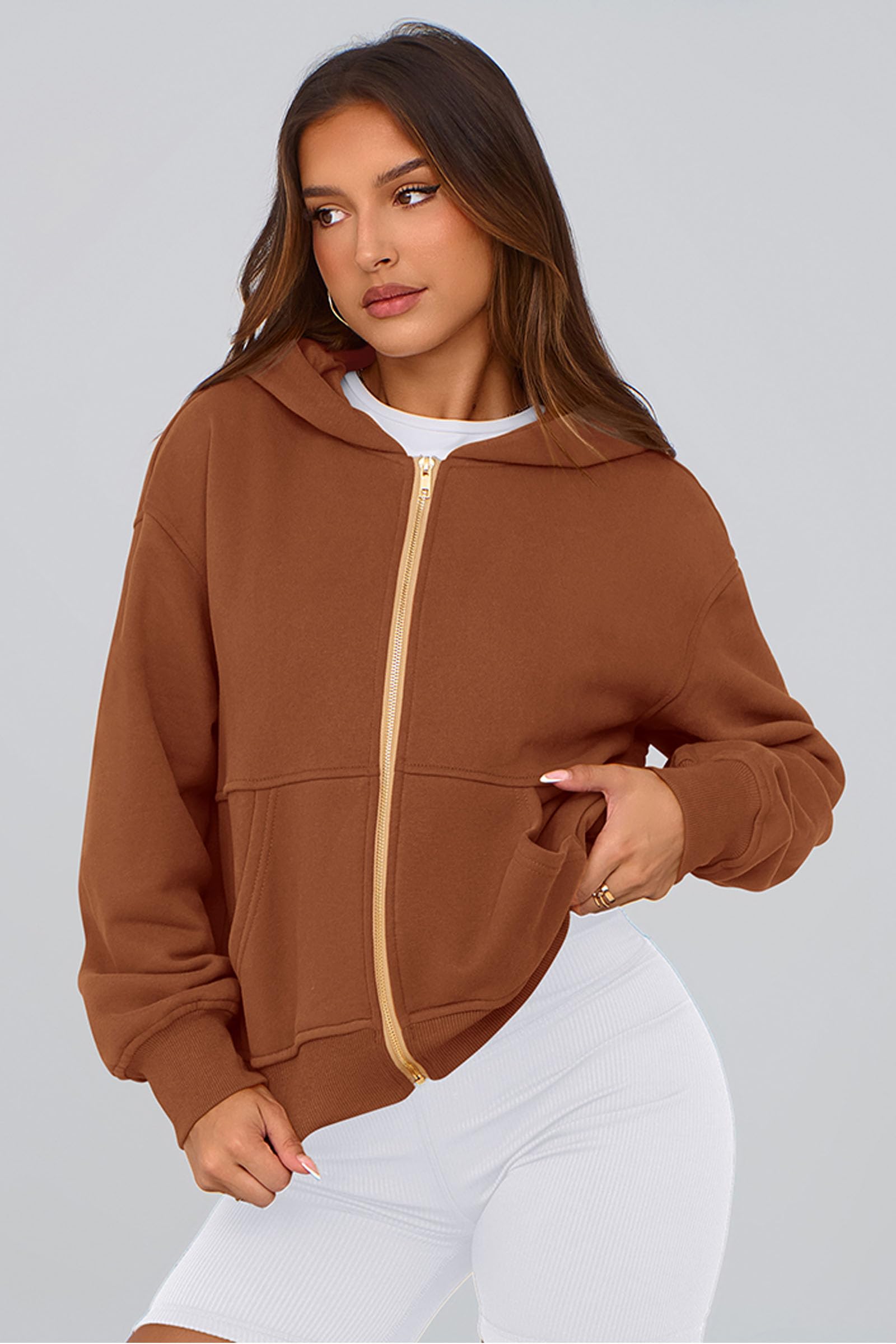 Hoodies for Women Fall Fashion Zip Up Fleece Plain Sweatshirt