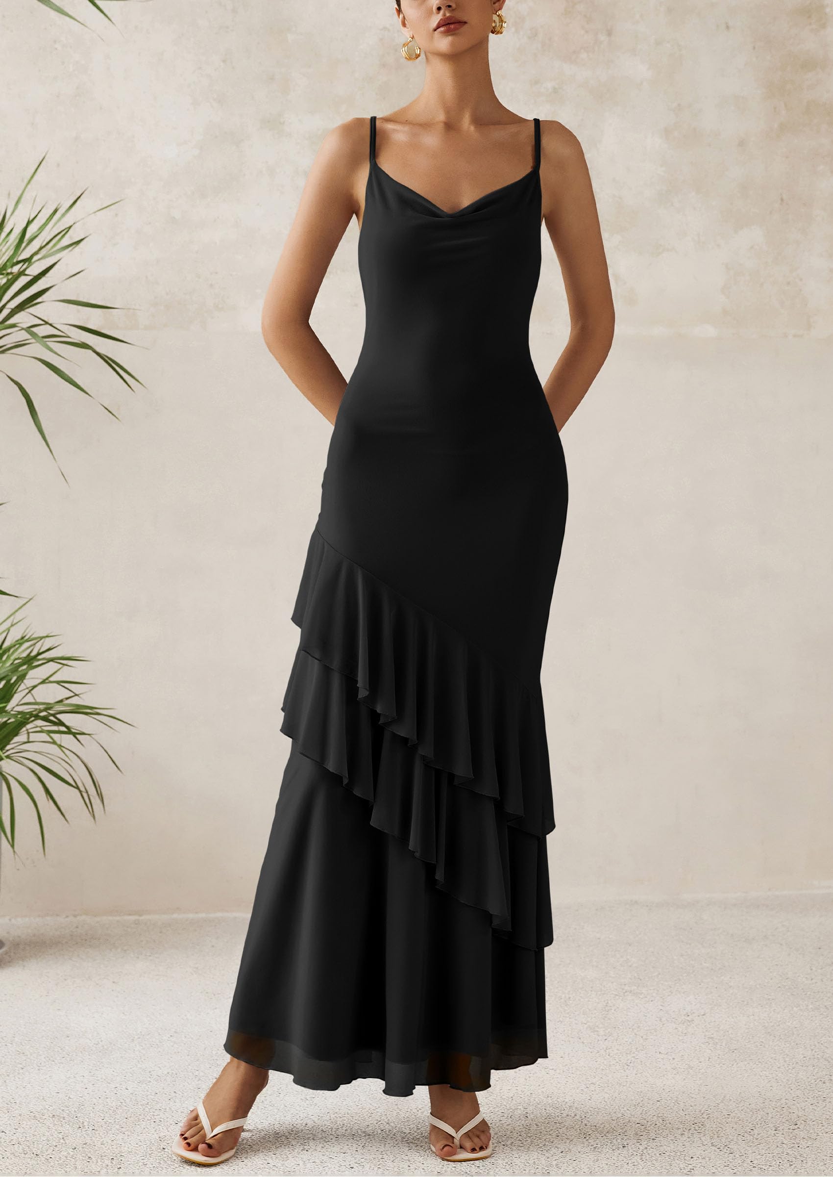 Women's Boho Floral Tiered Maxi Dress, Solid Black,XS
