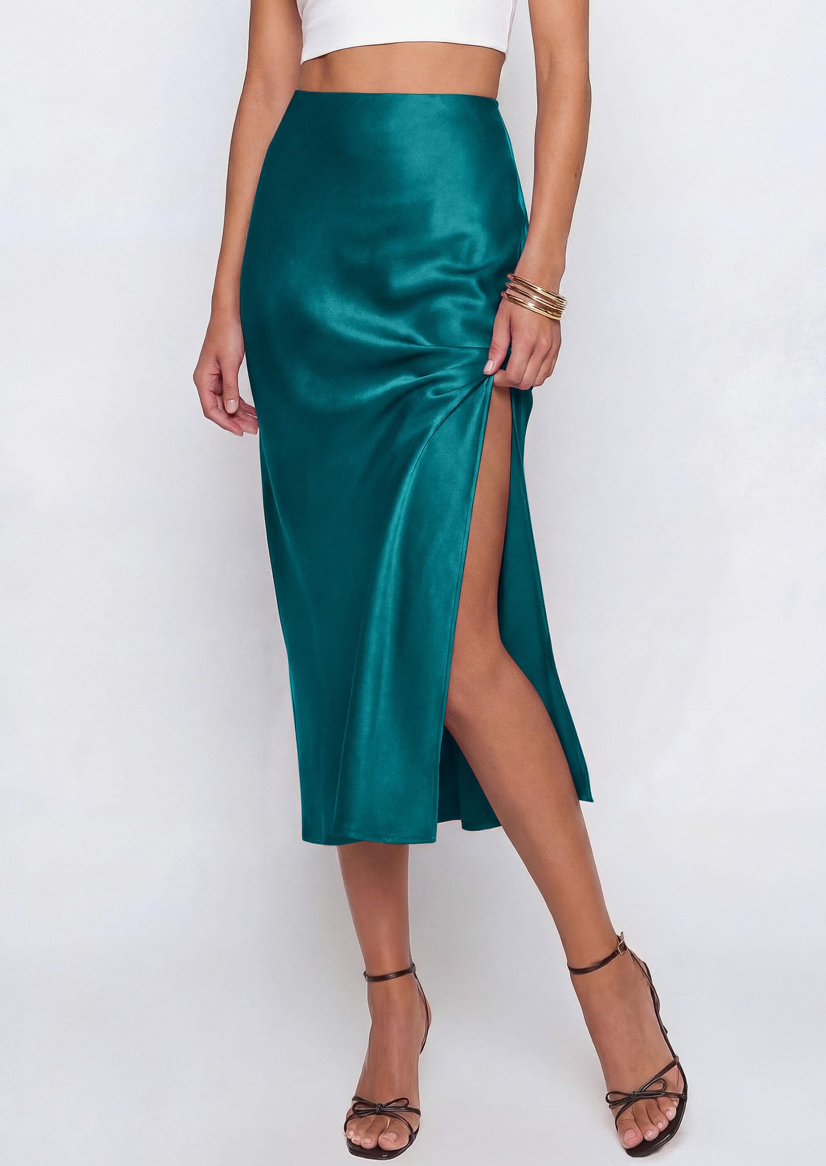 Womens Satin Skirt Silk Slip Midi Work Skirts, Lake Blue, S