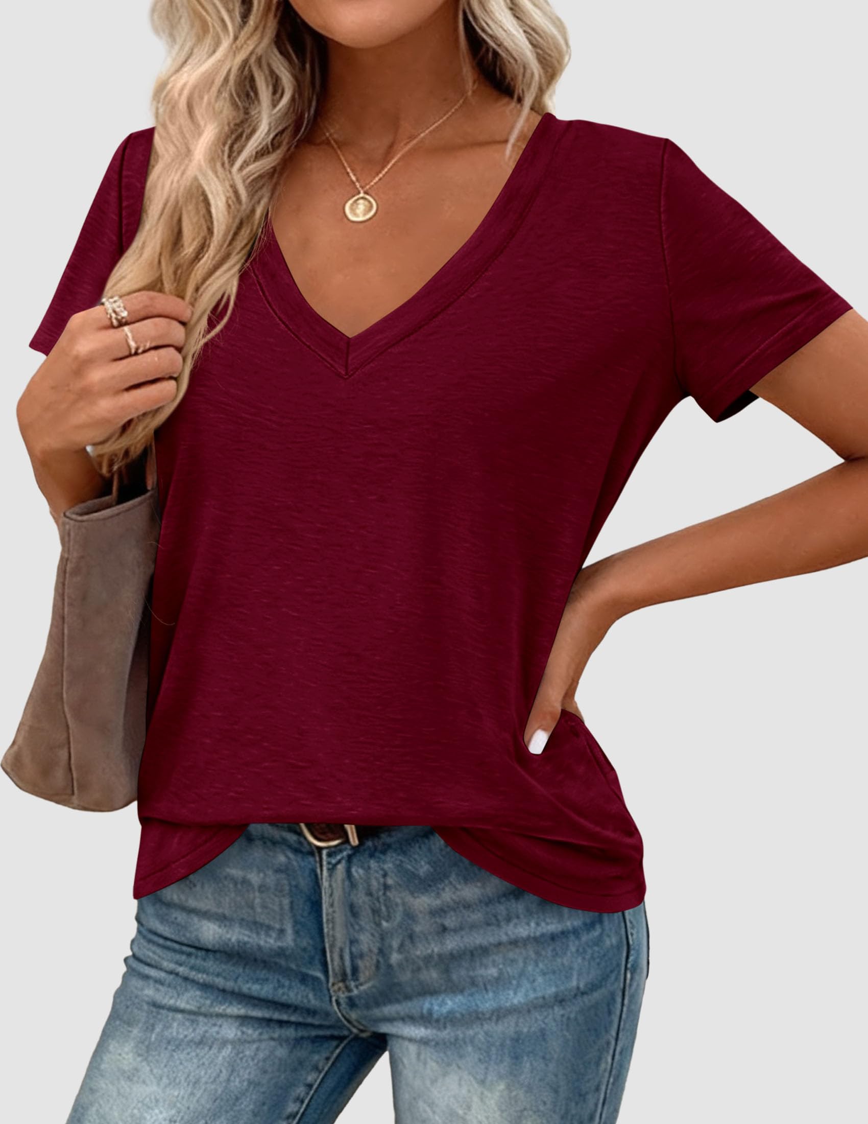 Womens Tops Short Sleeve Oversized Tshirts, Burgundy,S