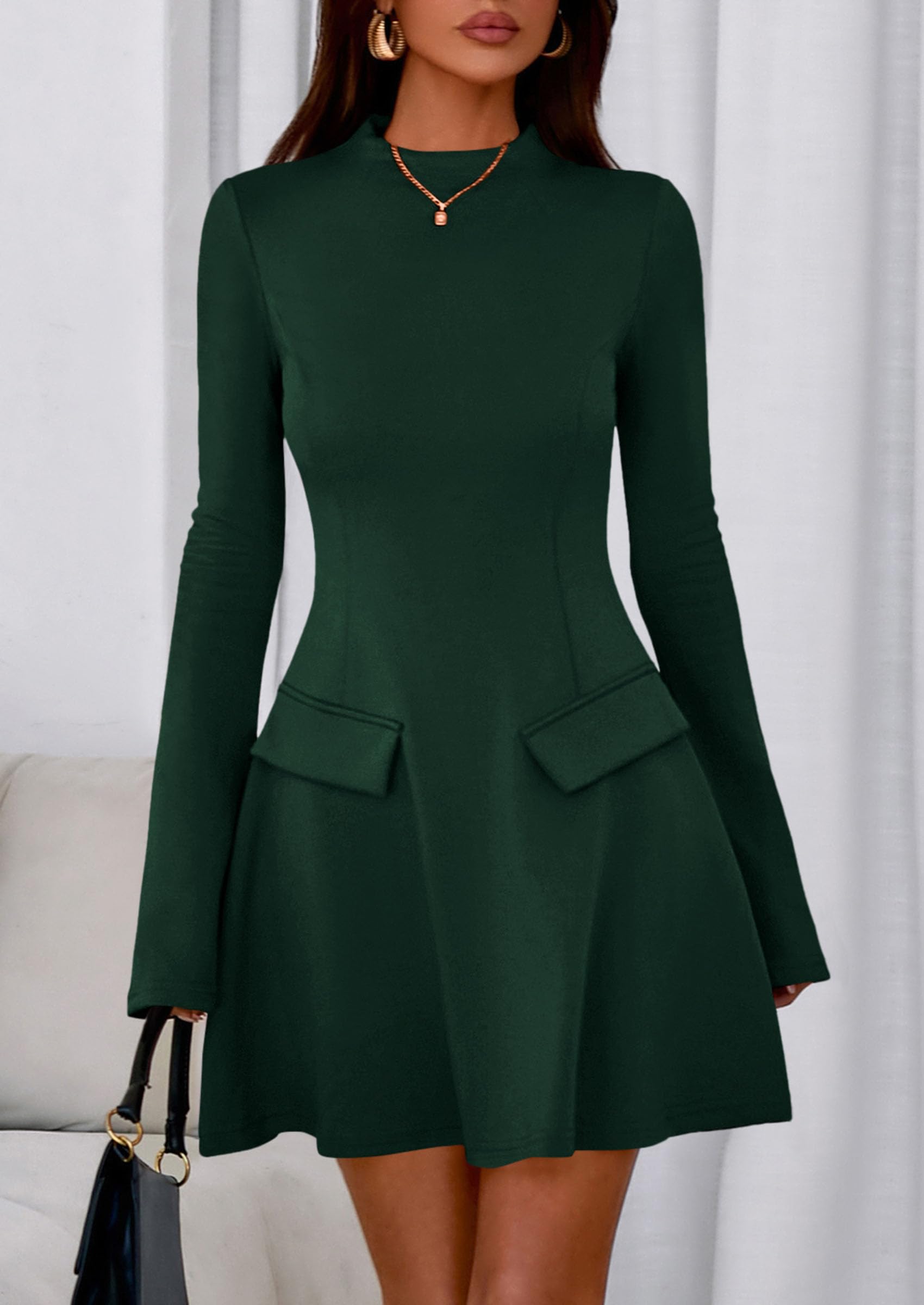 Women's Fall Bell Sleeve Short Dress,Dark Green,XS