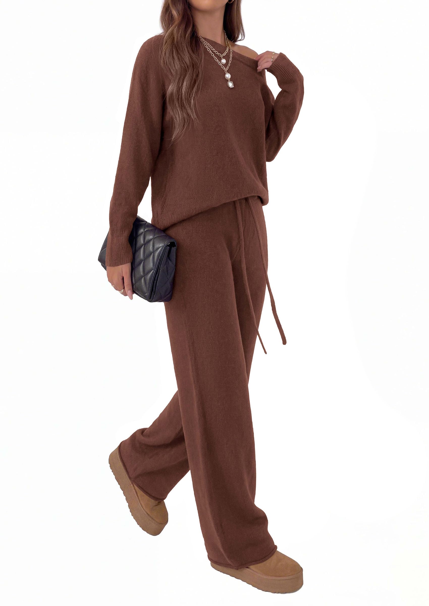 Lounge Sets Womens Sweaters Two Piece Outfits (Brown,S)