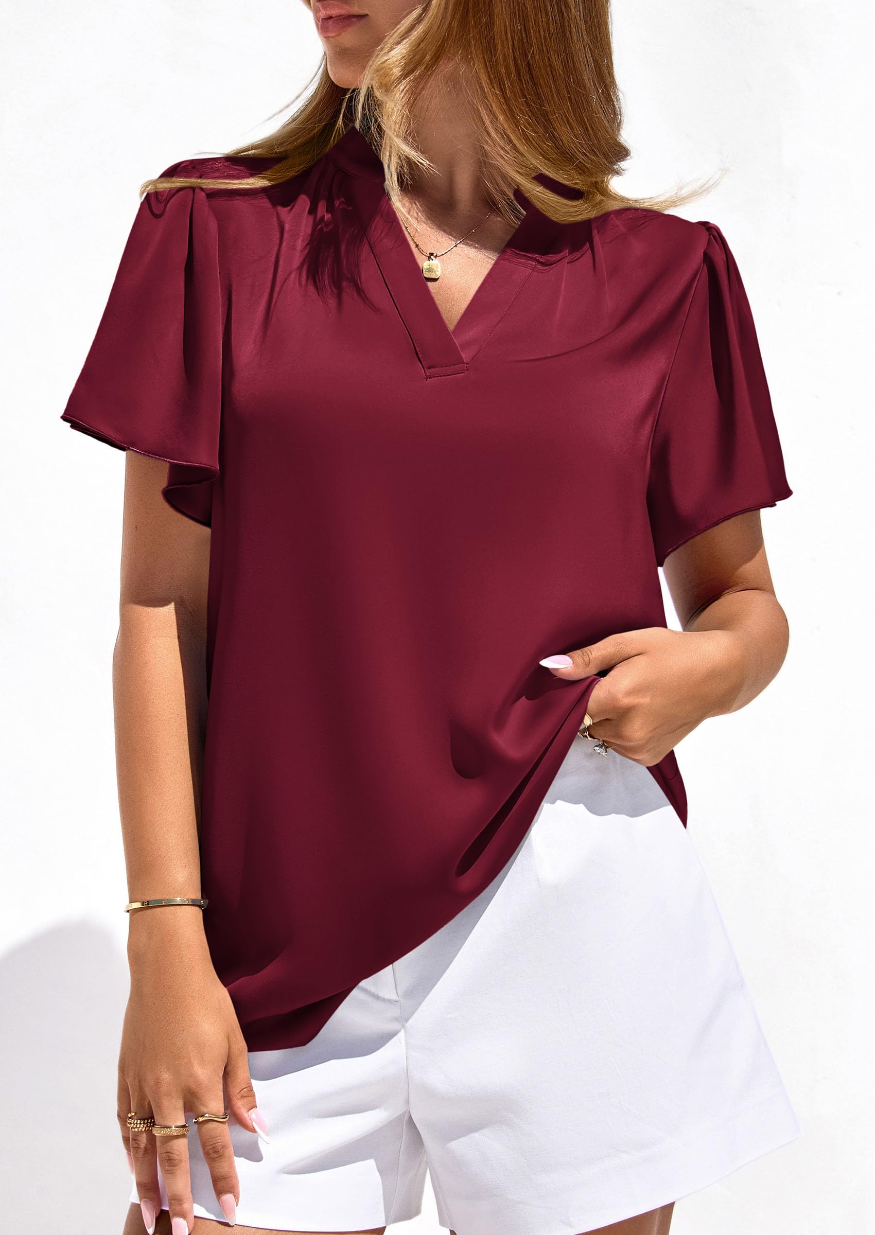 Women's Summer Satin Dressy Casual Blouses (Burgundy,M)