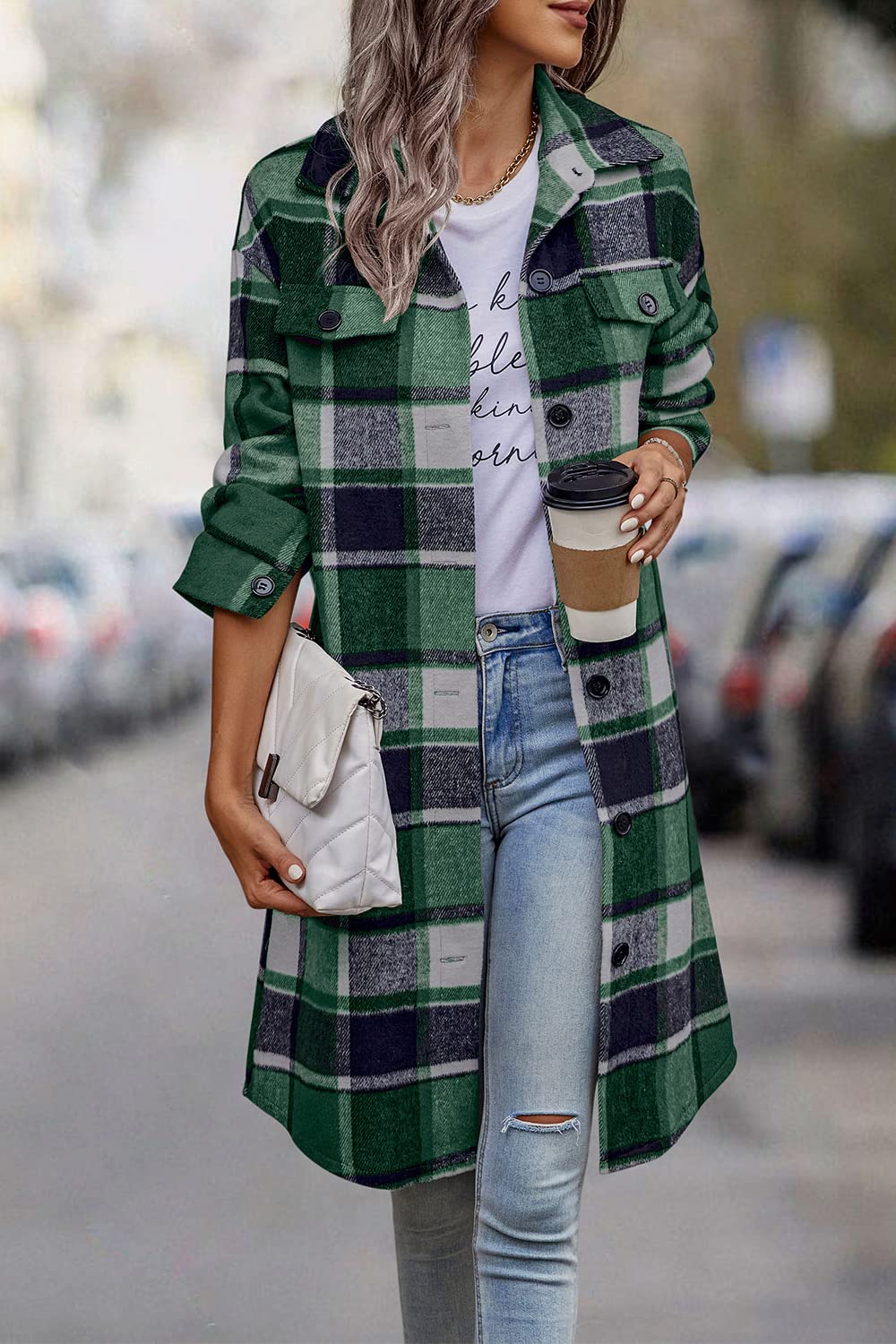 Womens Plaid Shacket Jacket Flannel Shirts,Dark Green,S
