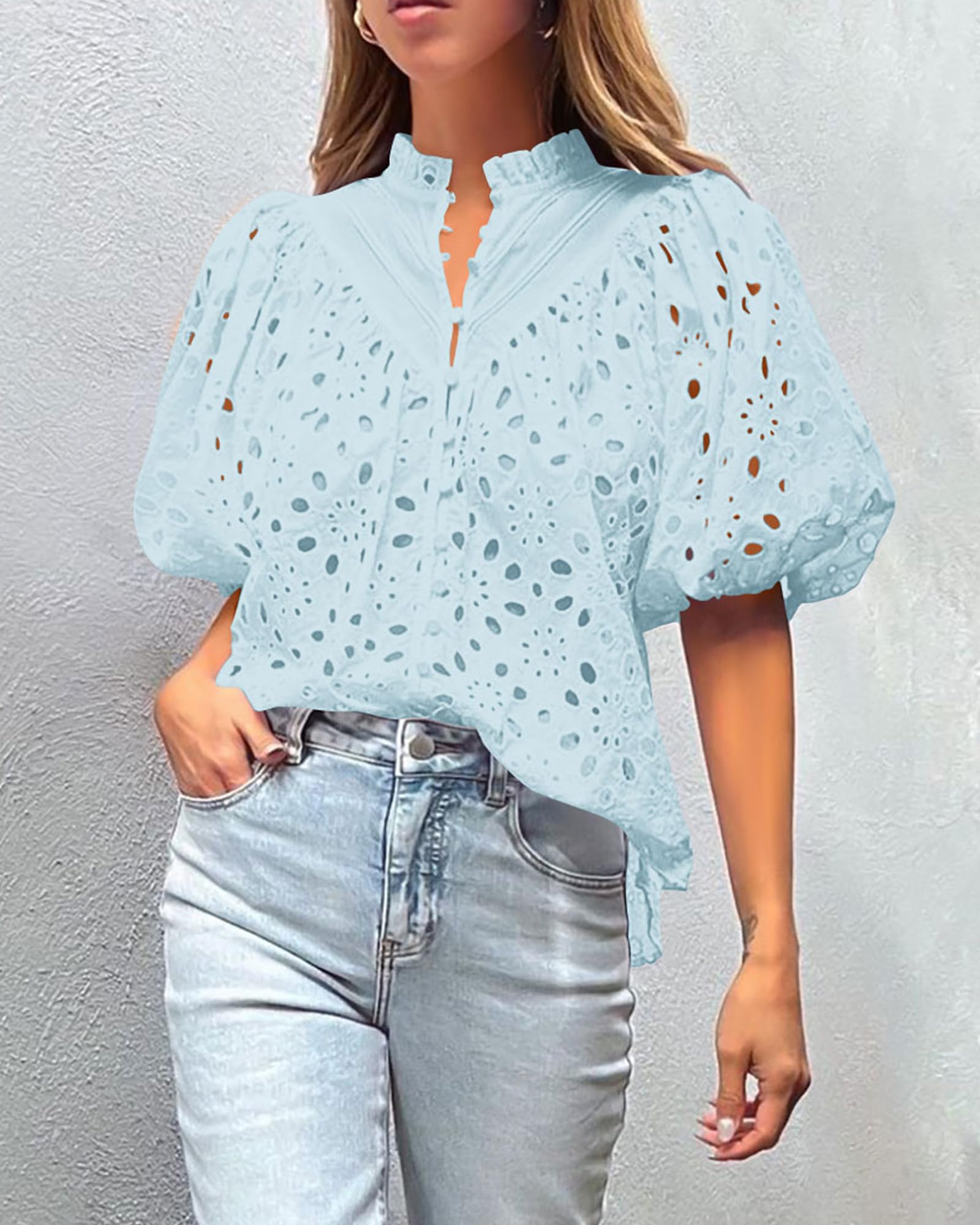 Womens Tops Boho Eyelet Puff Sleeve Blouse, Light Blue,S