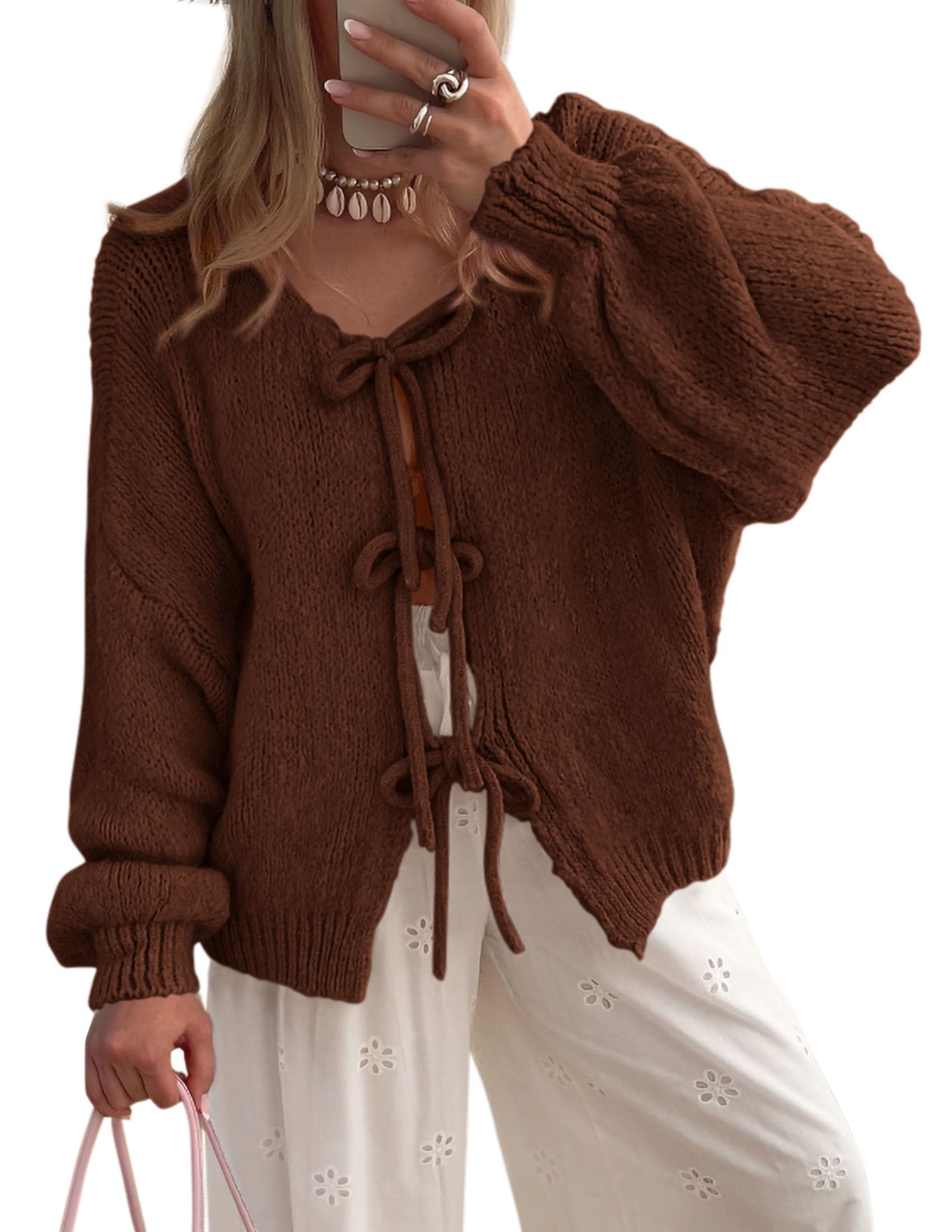 Women's Tie Front Bow Cardigan Sweaters(Caramel,Small)
