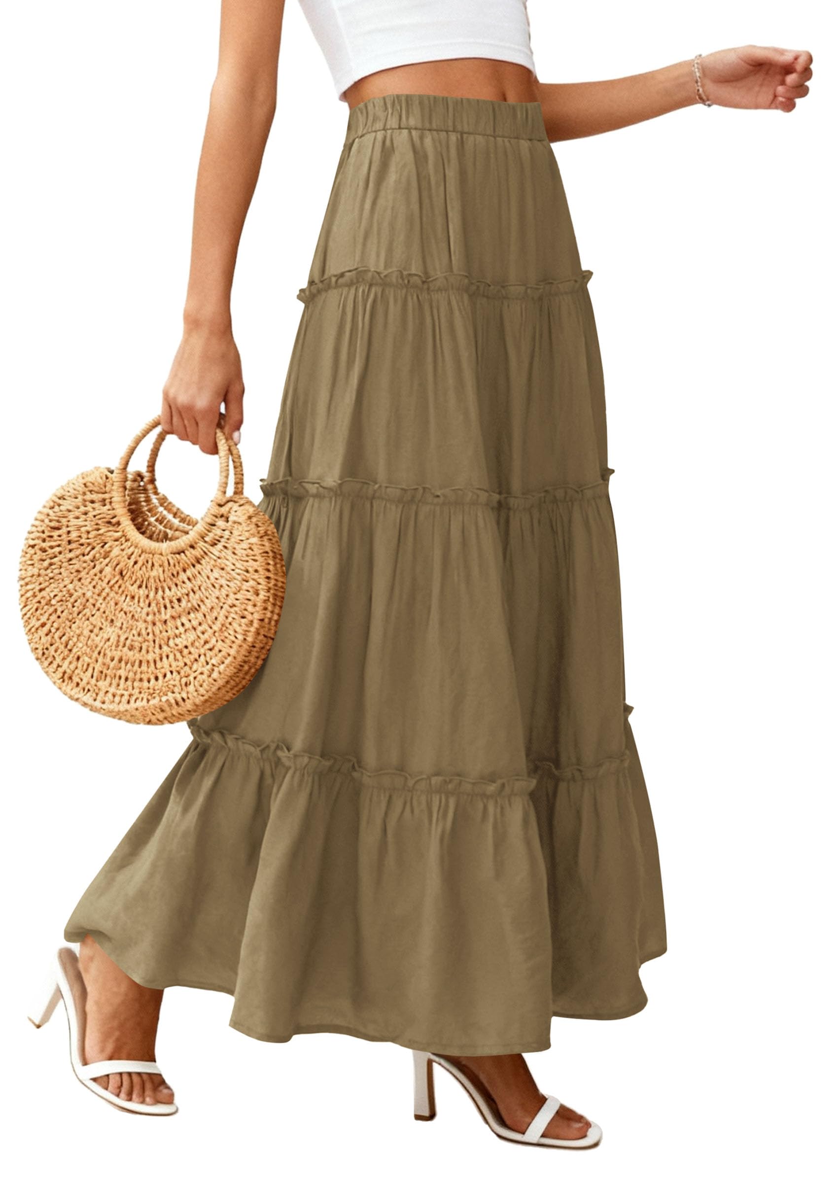 Women's Boho Tiered Ruffle Flowy Maxi Skirt, Army Green,S