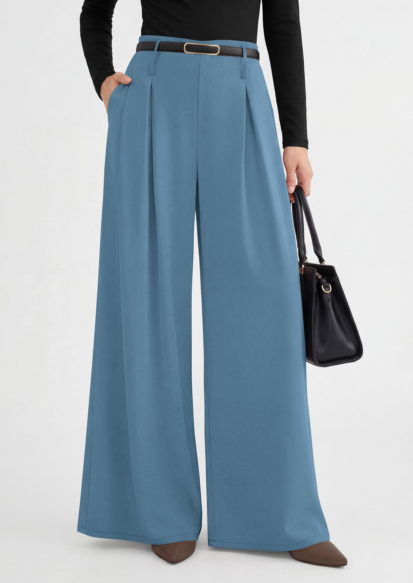 Womens Wide Leg Dress Pants Flowy Trousers,Blue,S