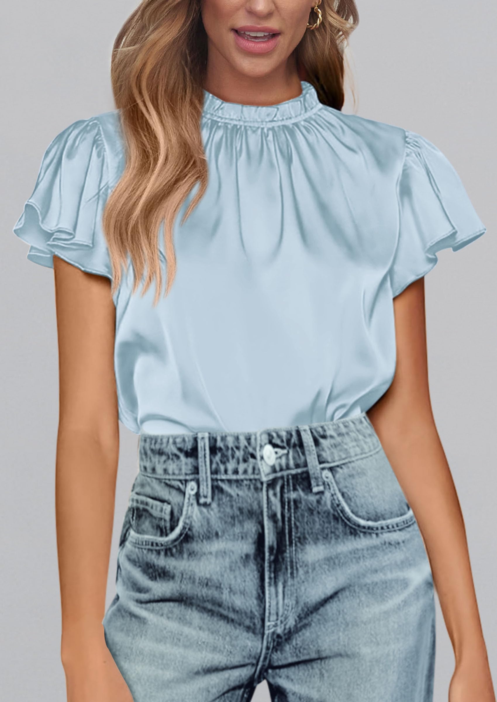 Women's Satin Tops Business Casual Work Blouses, Light Blue,S