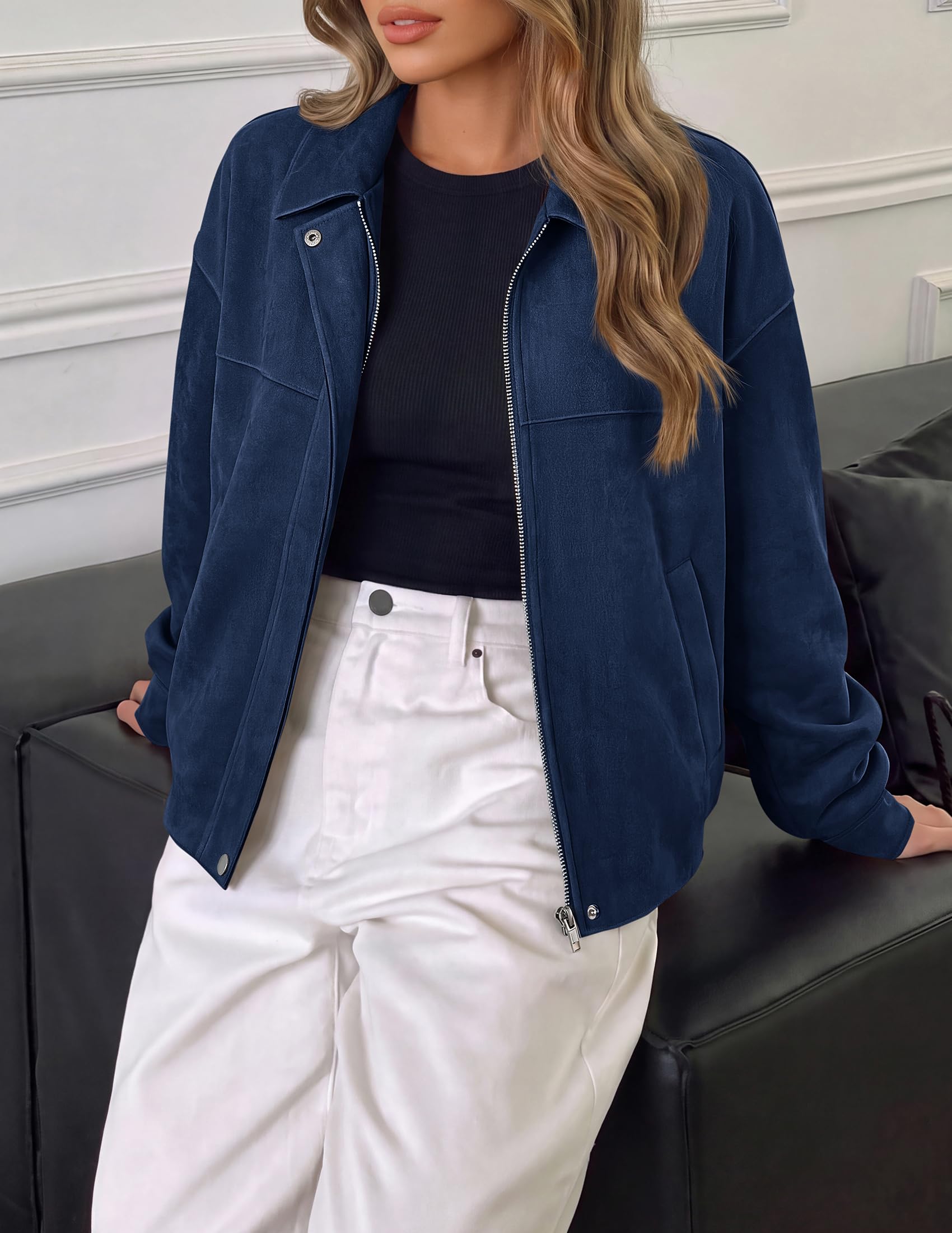 Women's Faux Suede Cropped Fall Jackets,Navy,S