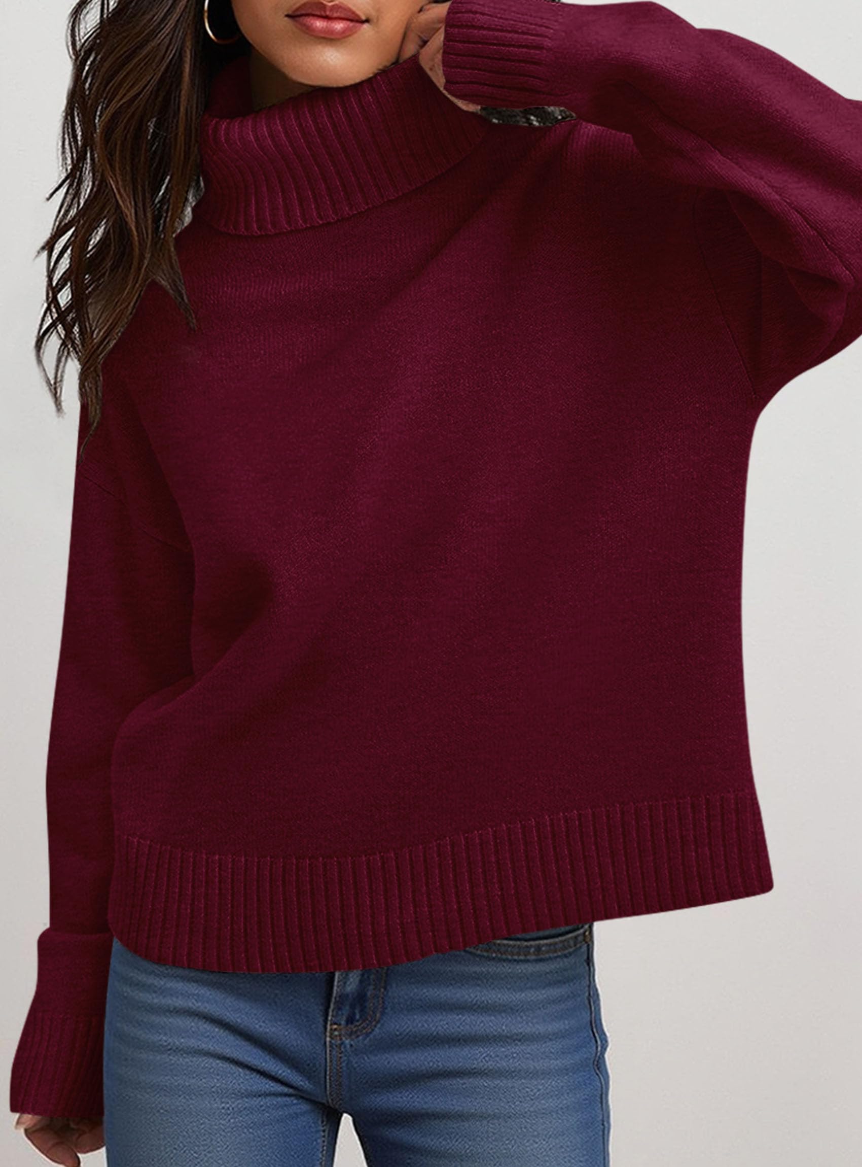 Womens Turtleneck Long Sleeve Knit Sweater,Wine Red,S