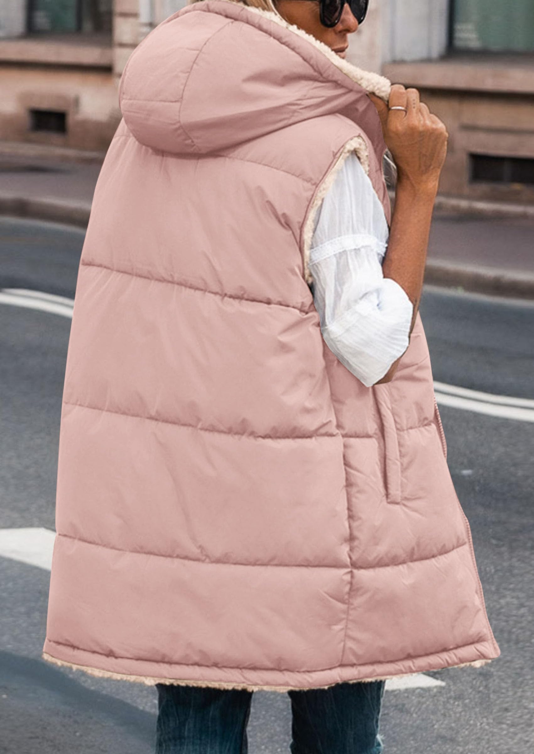 Women's Winter Reversible Fleece Long Vests(Light Pink,S)