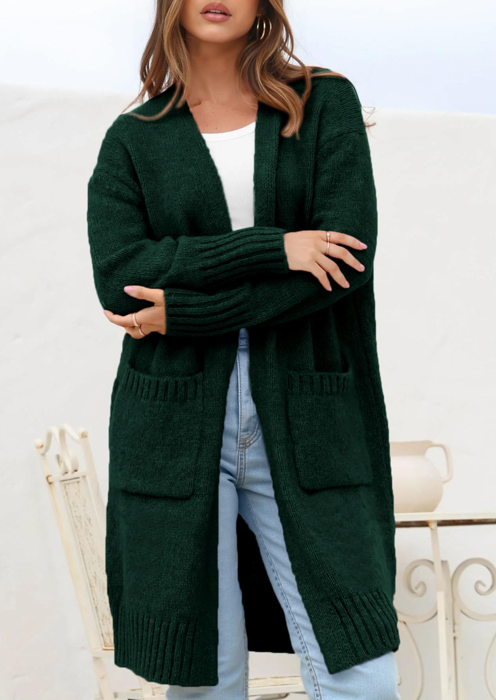 Open Front Cardigan Sweaters for Women,Dark Green,S